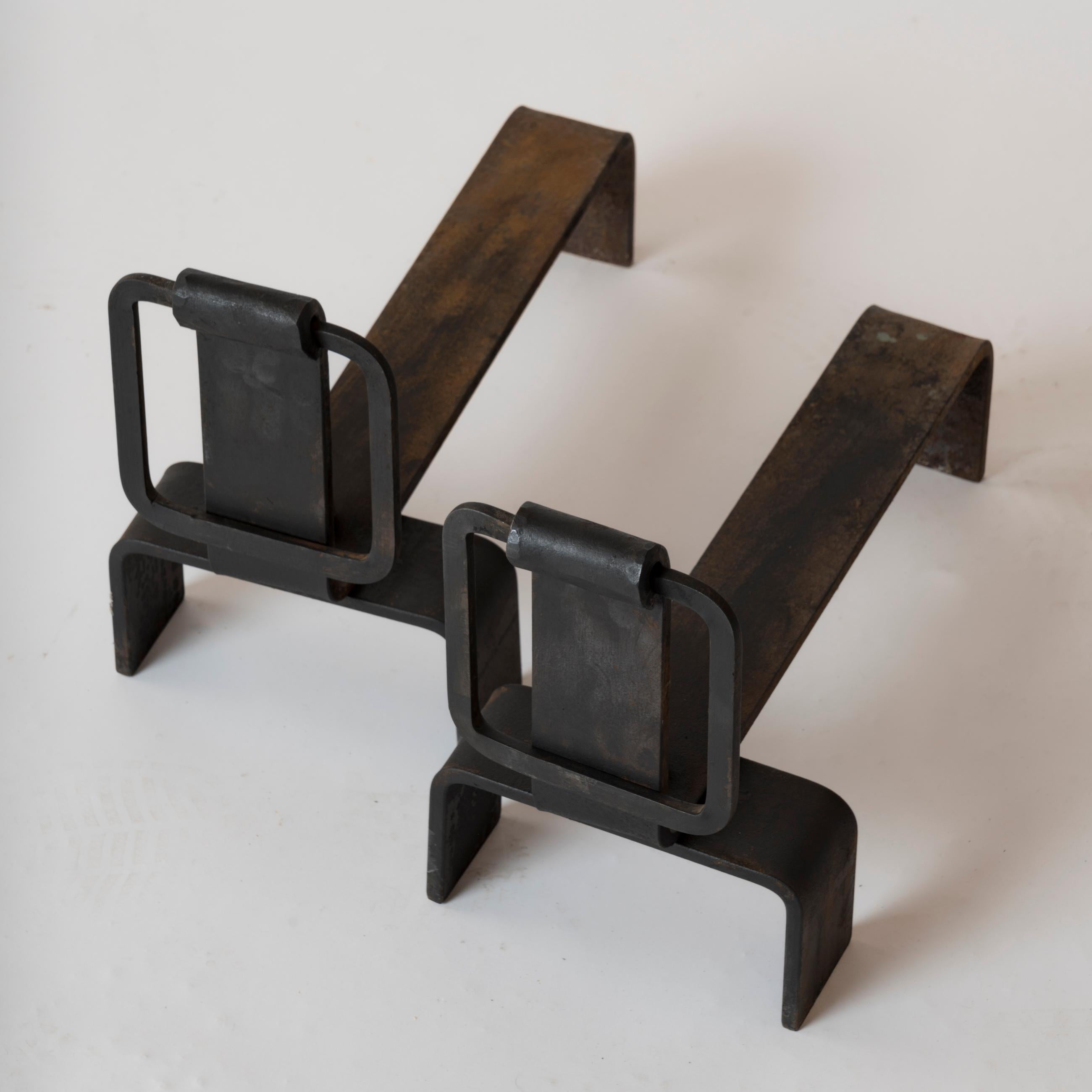 Pair of Brutalist Steel Andirons, France, 1970s In Good Condition In Chicago, IL