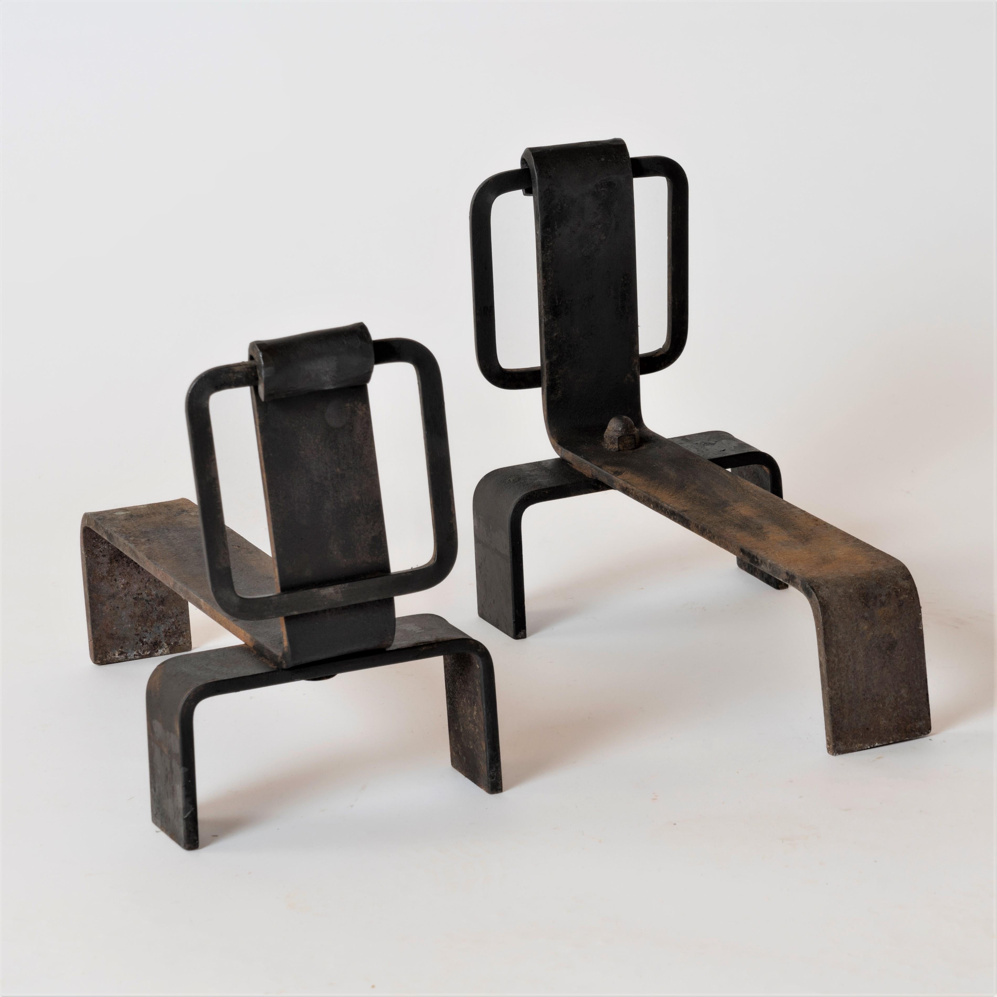 Pair of Brutalist Steel Andirons, France, 1970s In Fair Condition For Sale In New York, NY