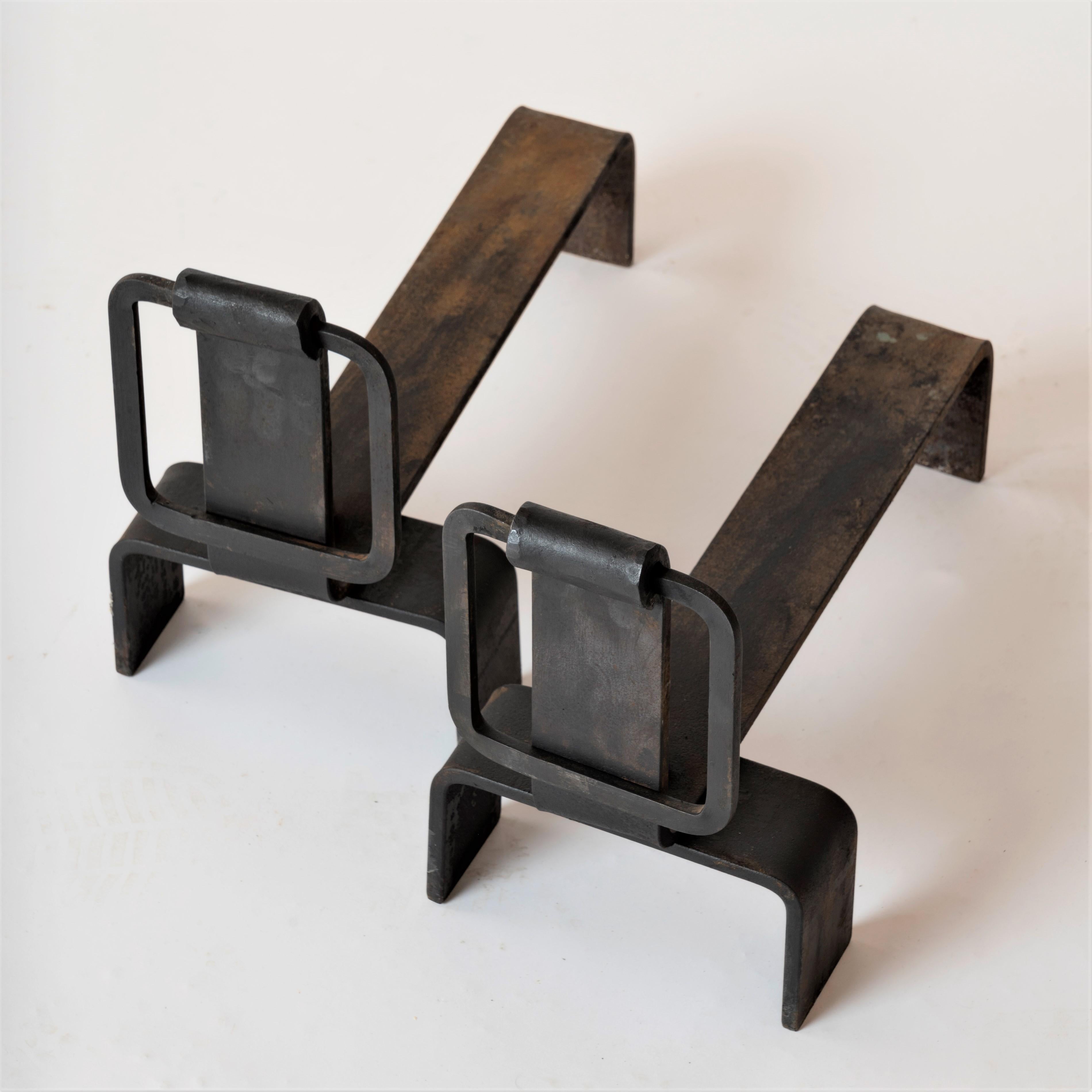 Late 20th Century Pair of Brutalist Steel Andirons, France, 1970s For Sale