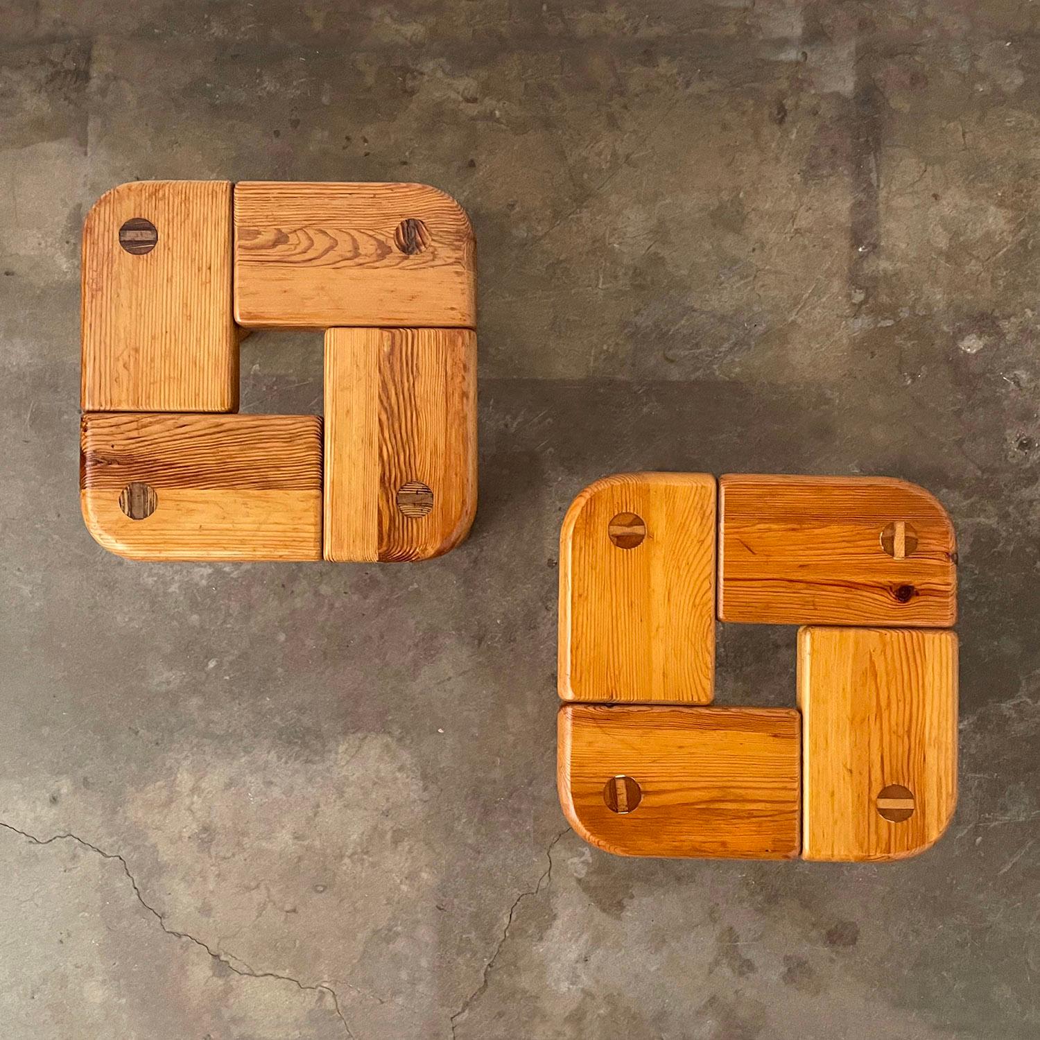 Brutalist stools
UK, circa 1970's 
Unique geometric design
Beautiful wood grain, joinery and mortise details
Light surface markings
Patina from age and use
Sold as a pair
