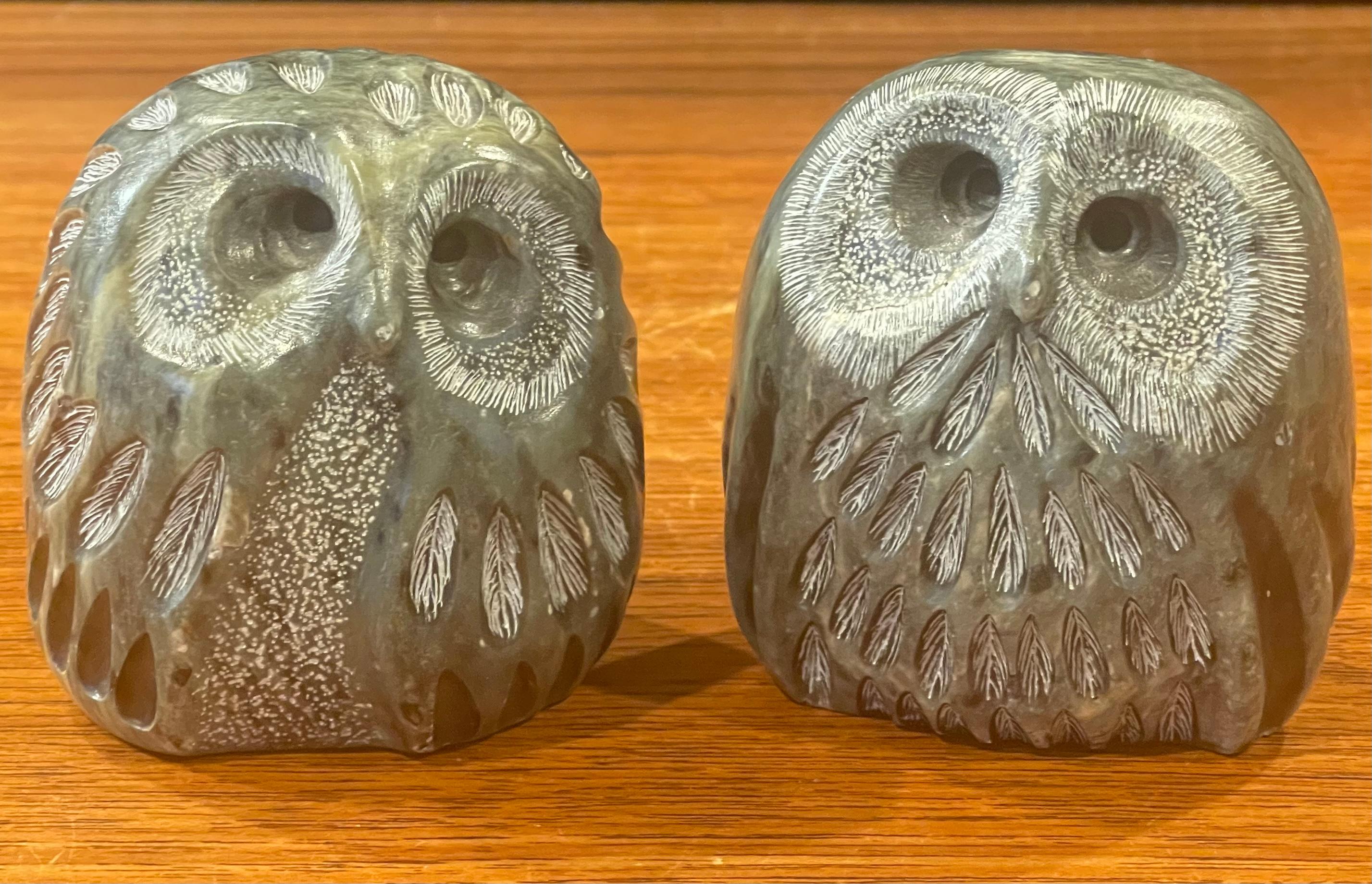 Pair of Brutalist Style Carved Soapstone Owl Sculptures by Glenn Heath 6