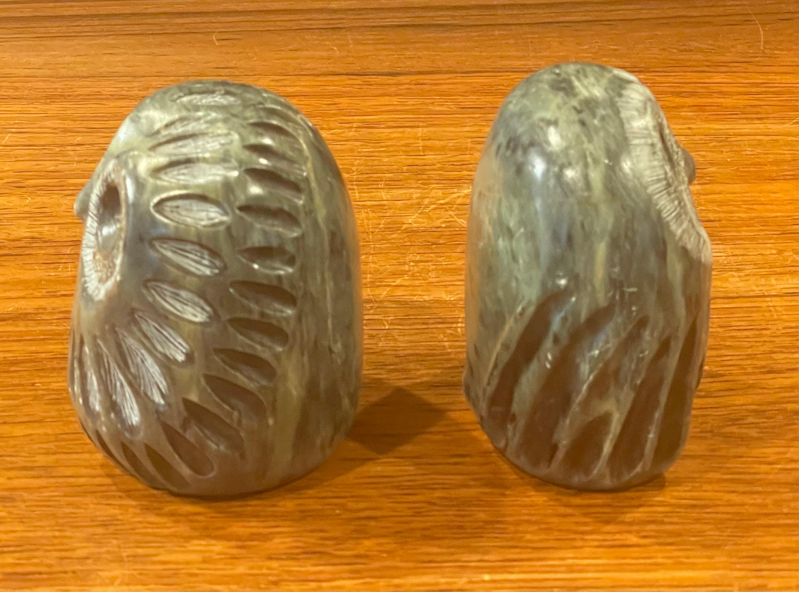 20th Century Pair of Brutalist Style Carved Soapstone Owl Sculptures by Glenn Heath