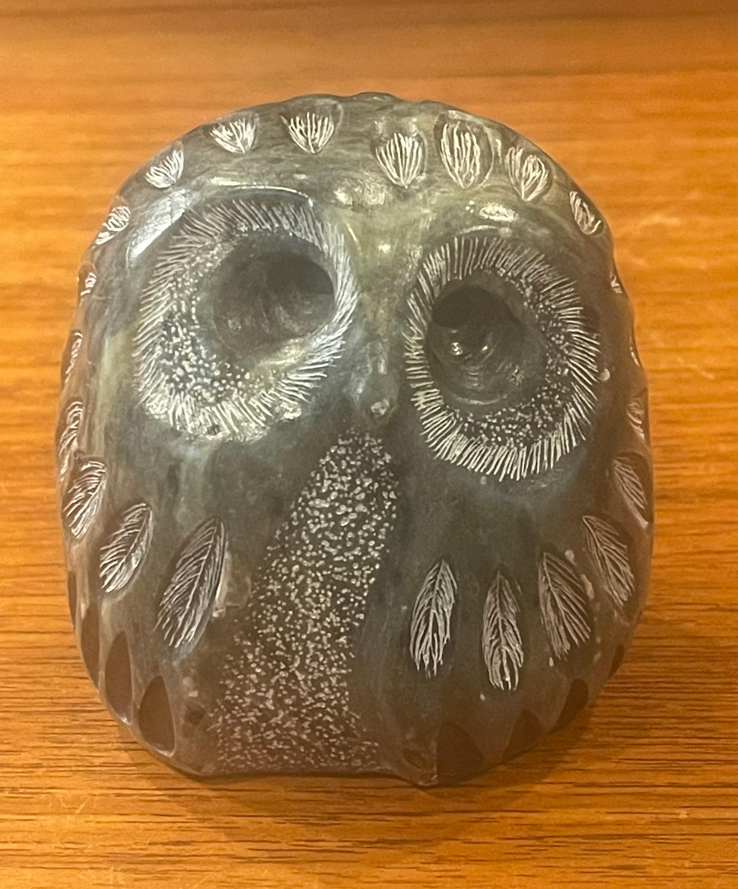Pair of Brutalist Style Carved Soapstone Owl Sculptures by Glenn Heath 1