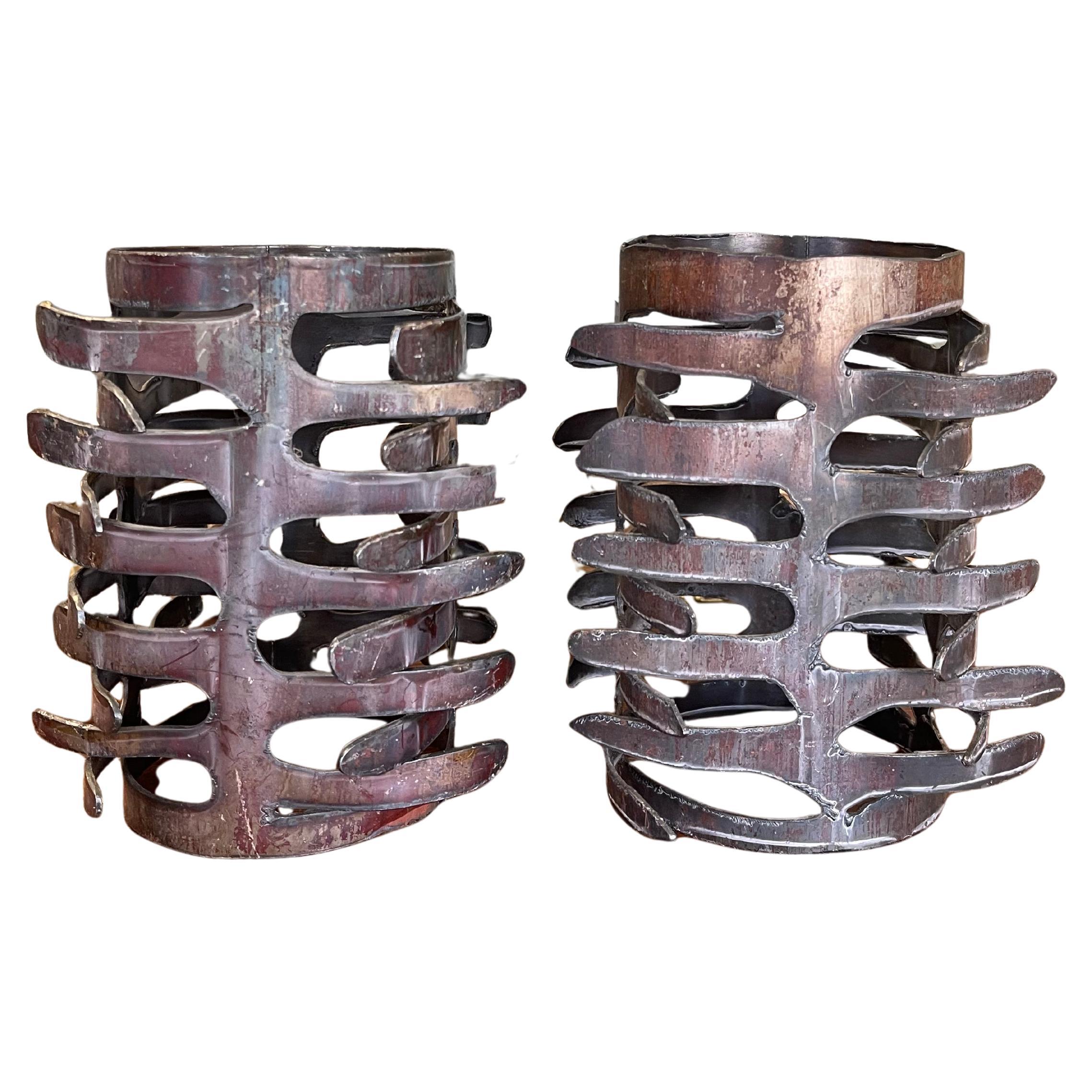 Pair of Brutalist Style Hand-Cut Metal Candle Holders, Mid-20th Century