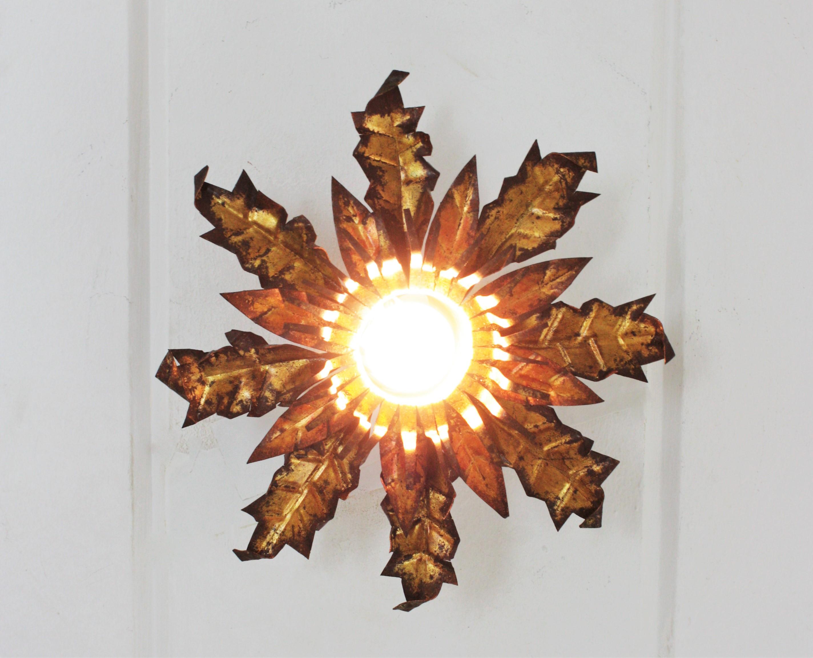 Pair of Brutalist Sunburst Flower Light Fixtures in Gilt Metal For Sale 5