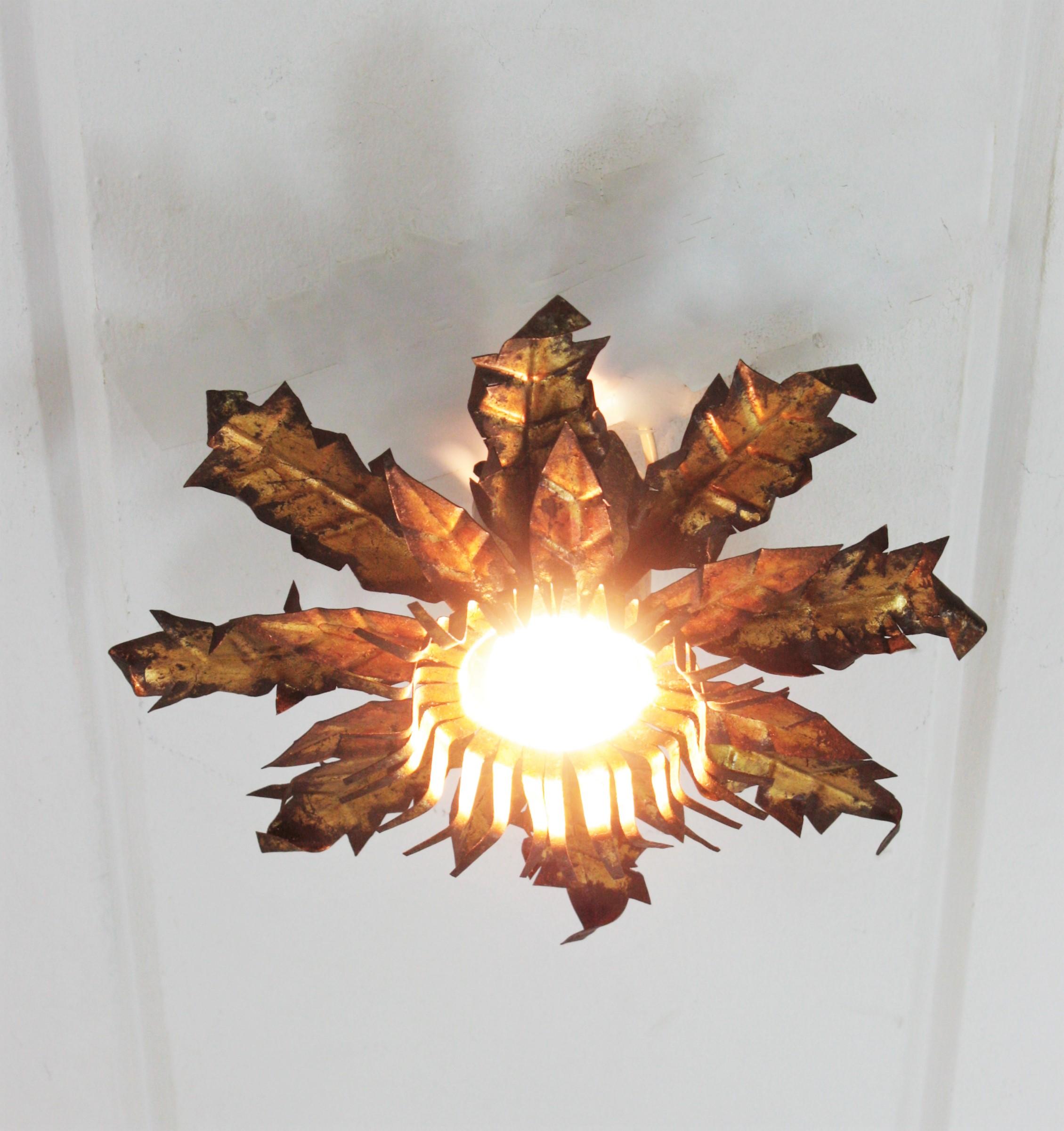 Pair of Brutalist Sunburst Flower Light Fixtures in Gilt Metal For Sale 2