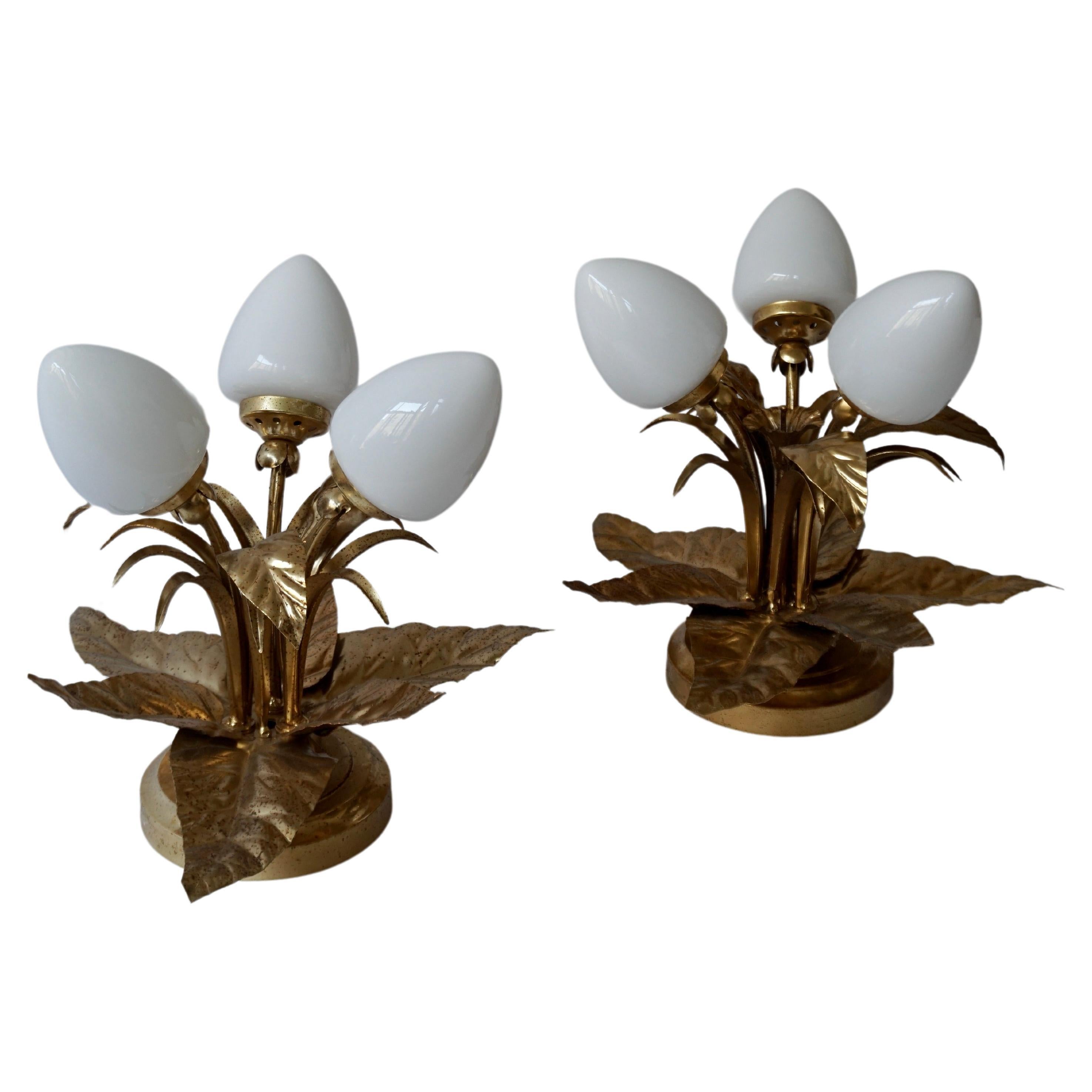 Pair of Brutalist Sunburst Flower Light Fixtures in Gilt Metal For Sale