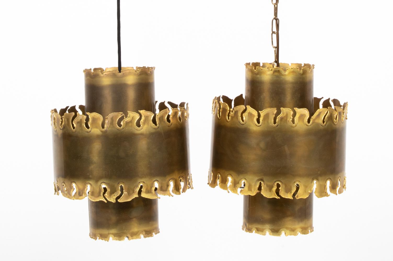 Danish Pair of Brutalist Torch-Cut Brass Pendant Lights by Svend Aage Holm Sørensen For Sale