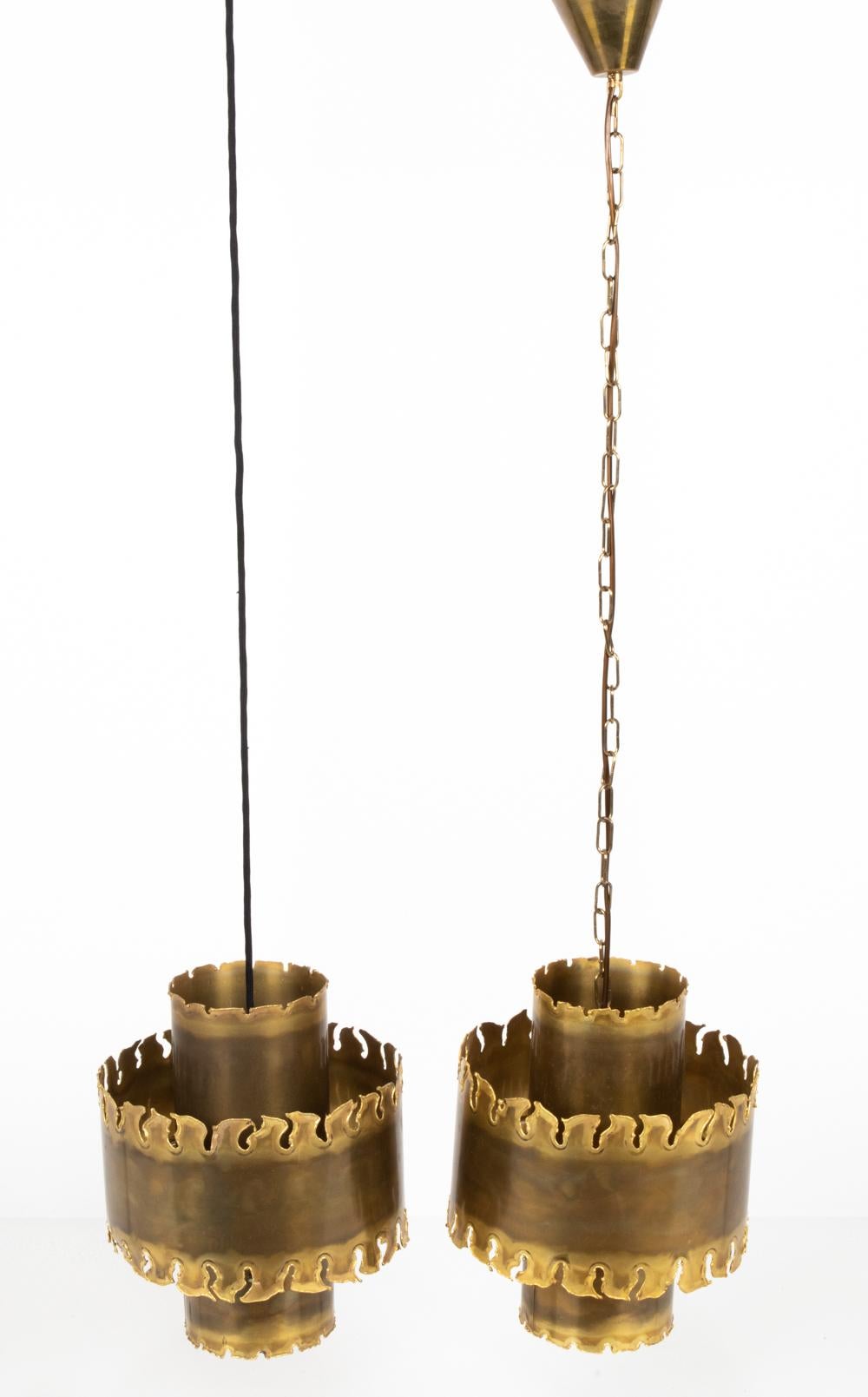 Pair of Brutalist Torch-Cut Brass Pendant Lights by Svend Aage Holm Sørensen In Good Condition For Sale In Norwalk, CT