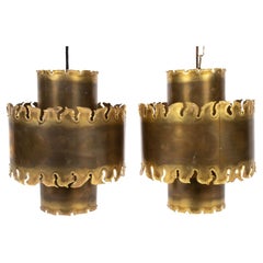 Vintage Pair of Brutalist Torch-Cut Brass Pendant Lights by Svend Aage Holm Sørensen