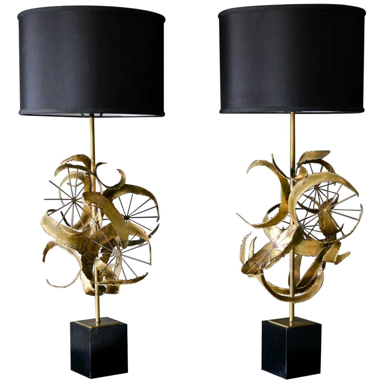 Pair of Brutalist Torch Cut Metal Lamps by Laurel Lamp Co., 1968