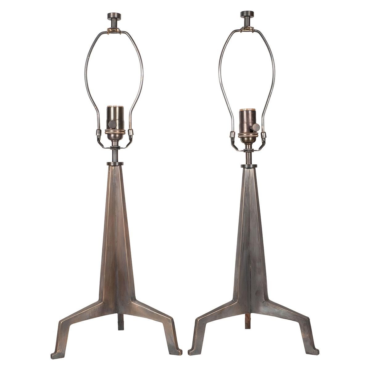 Pair of antiqued brass, brutalist style tripod lamps by Marcelo Bessa for Spark Interior in the style of Giacometti.