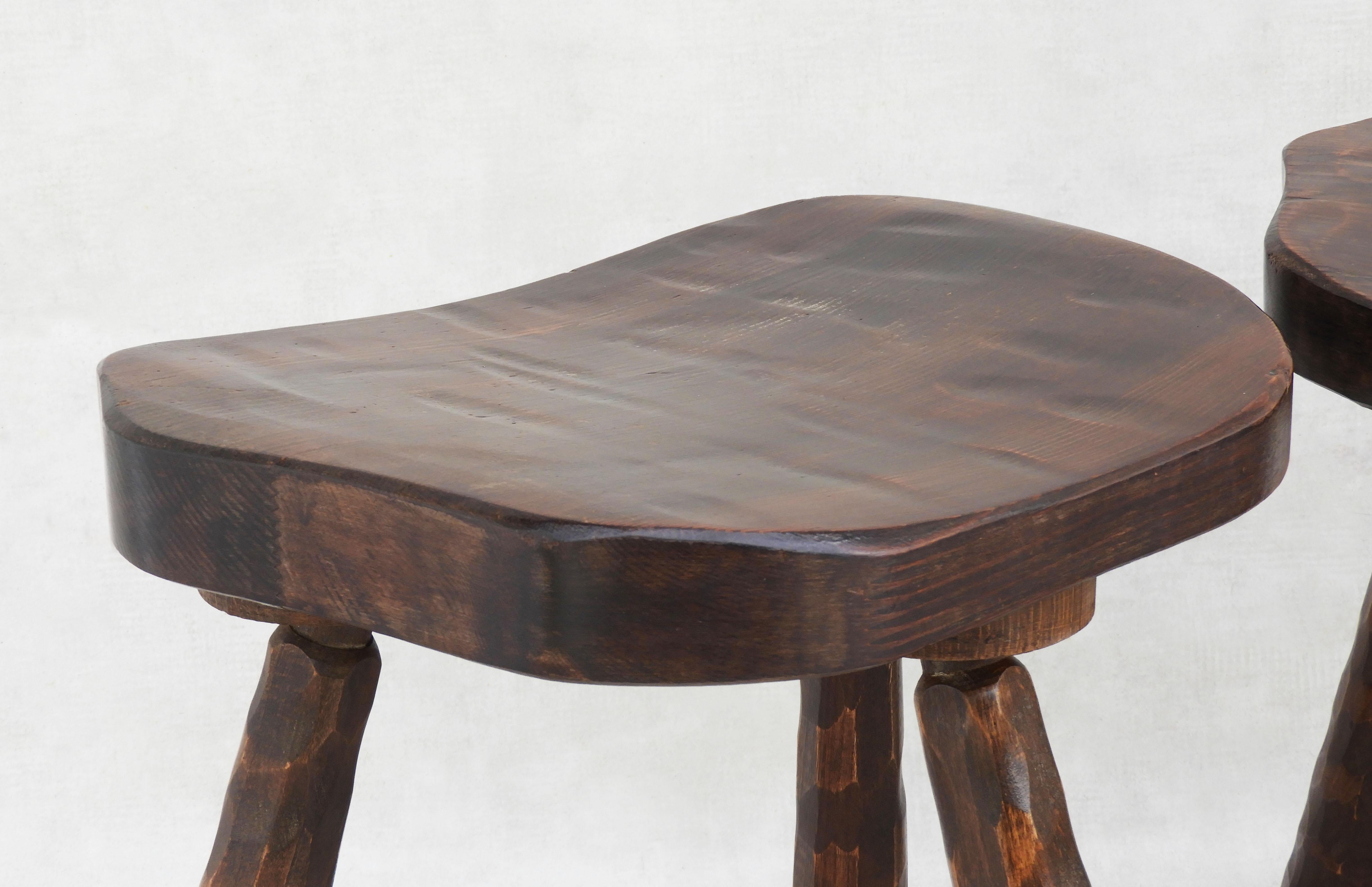 Wood Pair of Brutalist Tripod Stools C1950 France For Sale