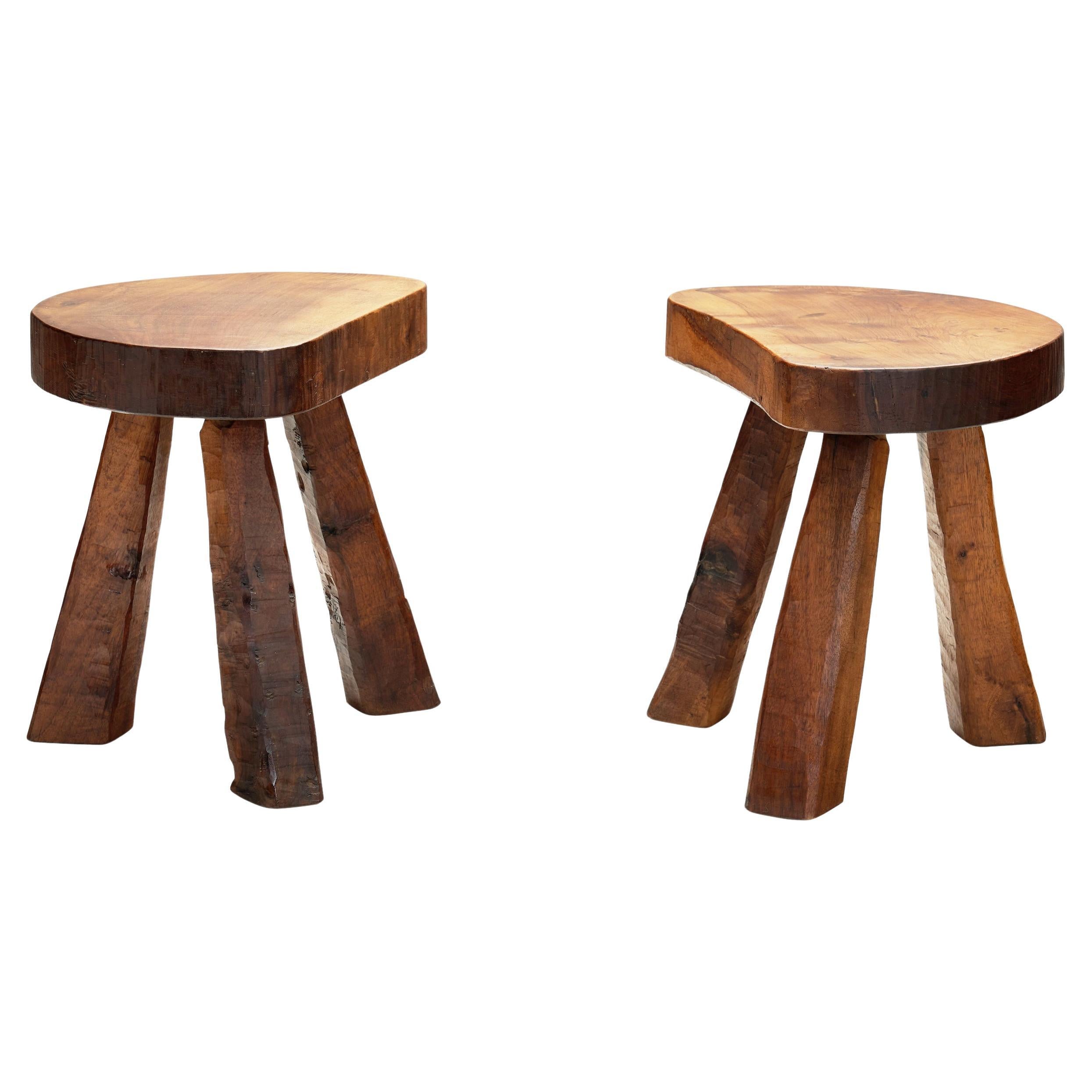 Pair of Brutalist Tripod Stools, France 1960s