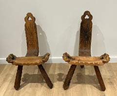 Pair of Brutalist Tripode Low Chairs. French work. Circa 1950