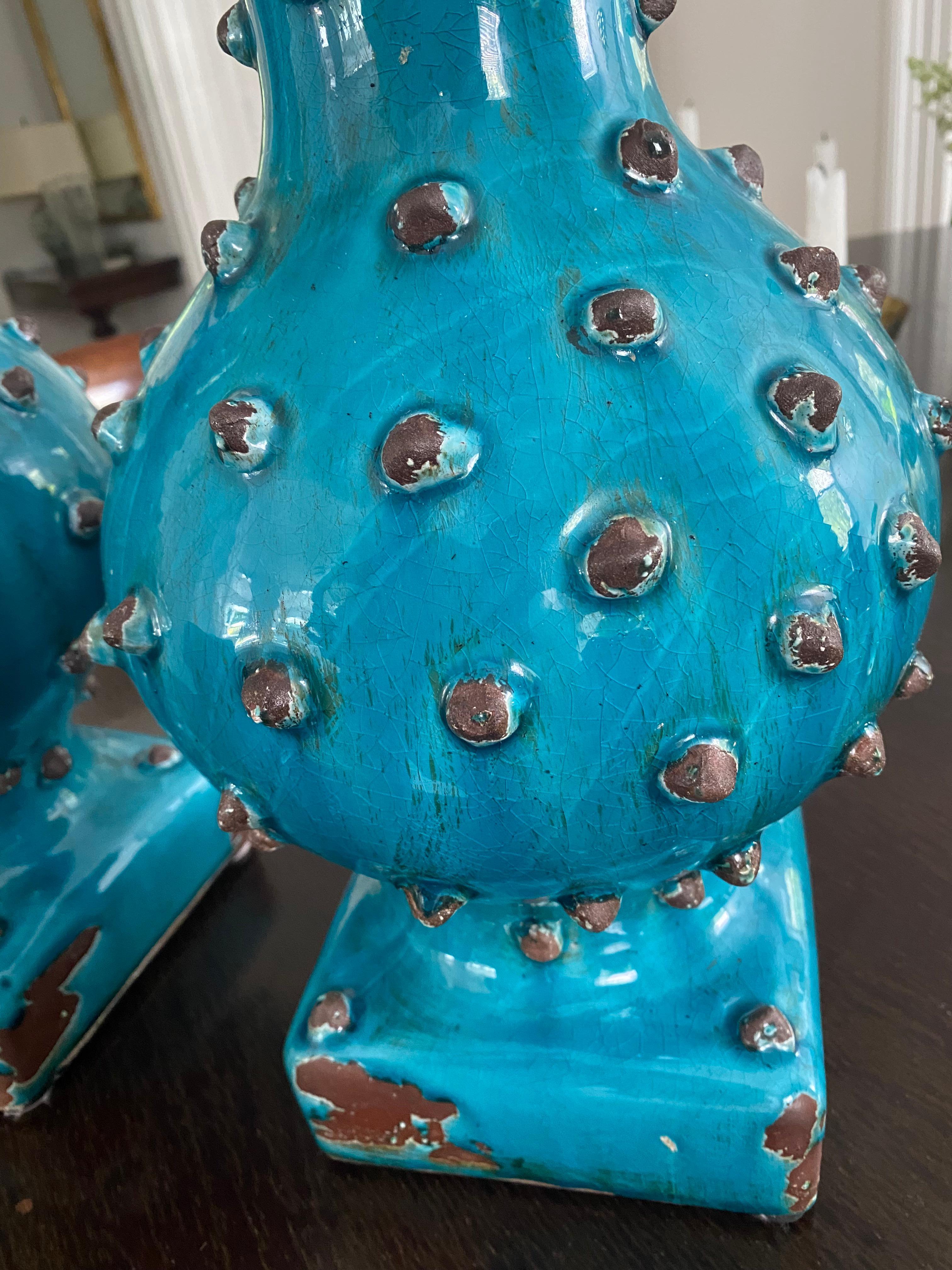 French Pair of Brutalist vases Francois Bernard Paris designer France turquoise  For Sale