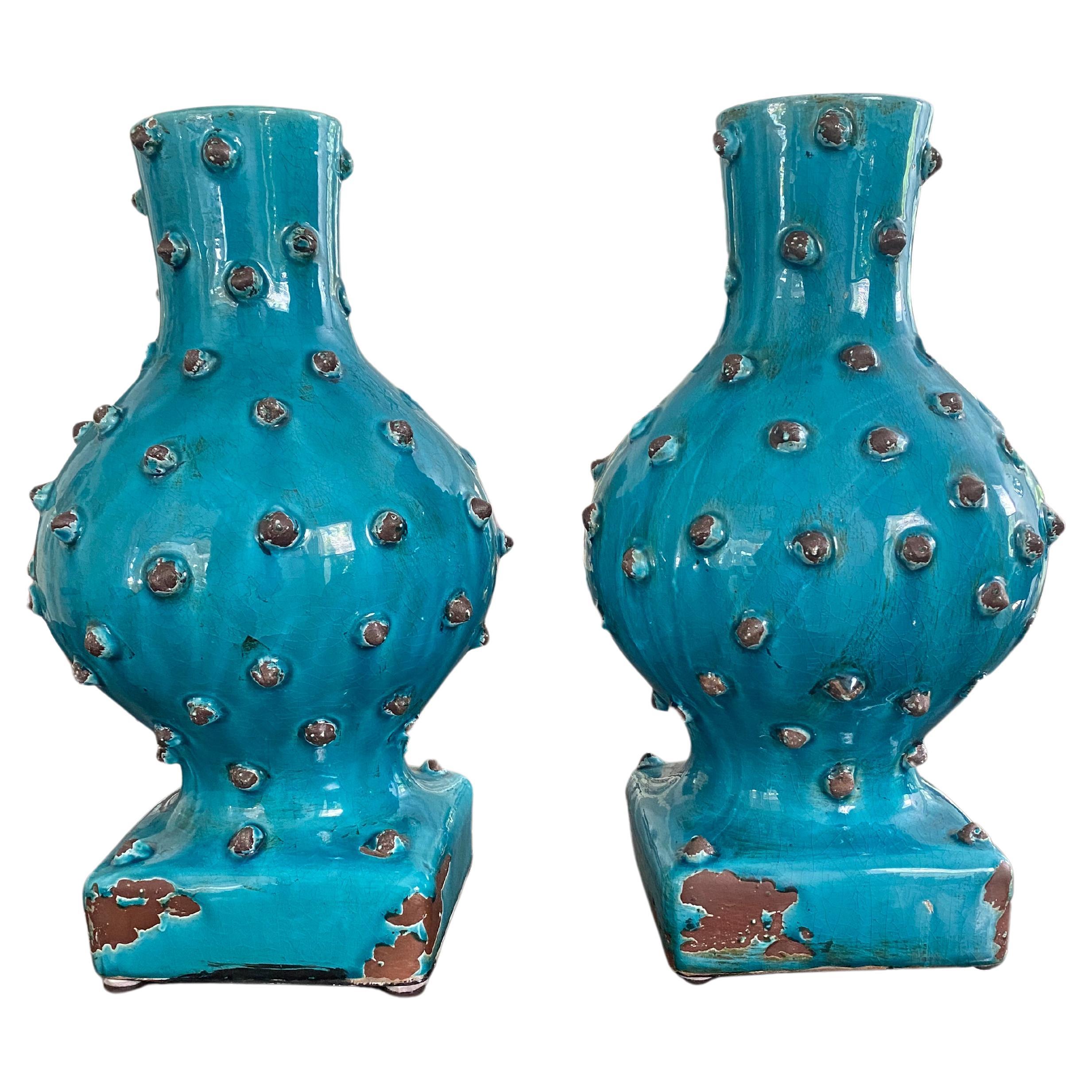 Pair of Brutalist vases Francois Bernard Paris designer France turquoise  For Sale