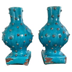 Retro Pair of Brutalist vases Francois Bernard Paris designer France turquoise 