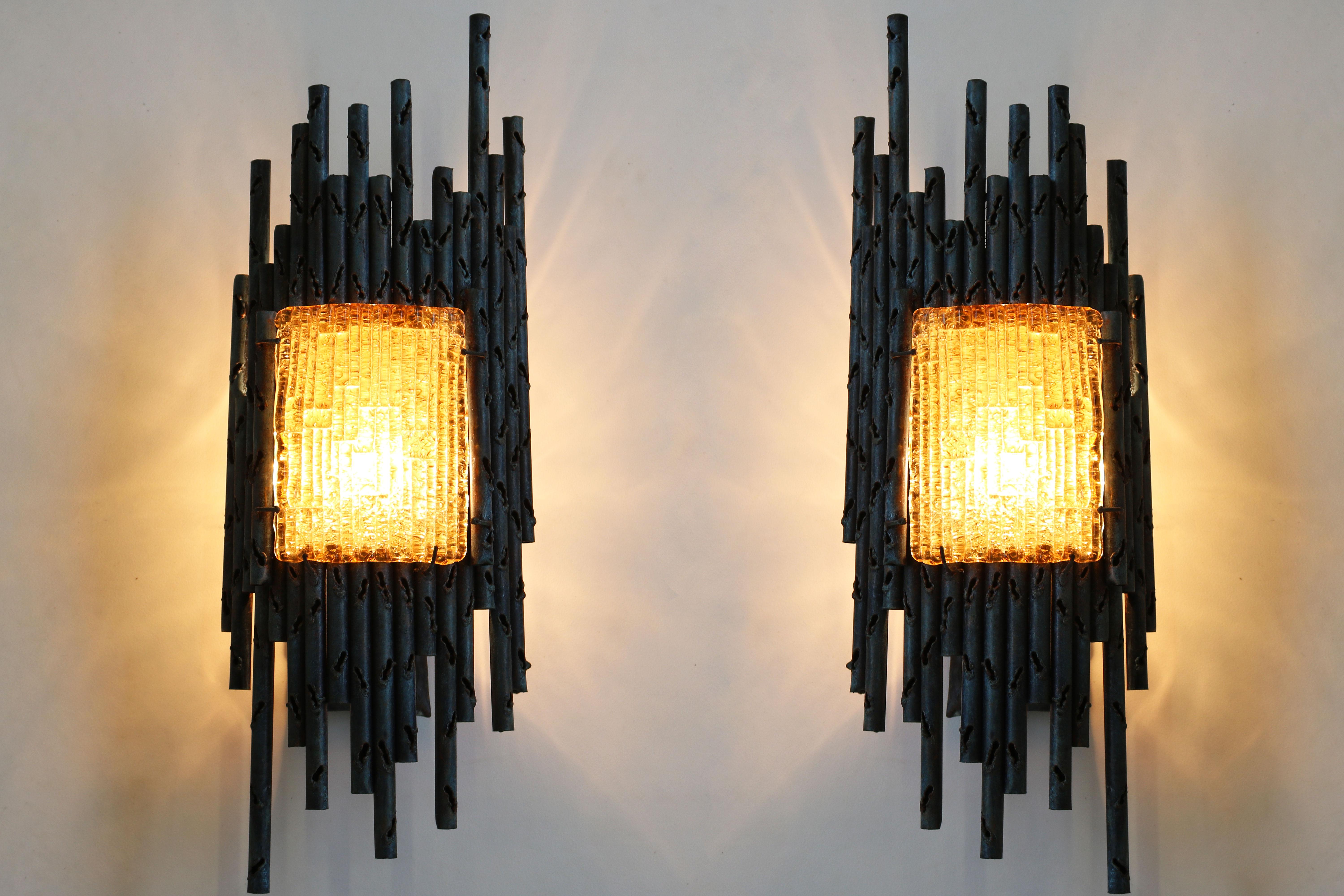 Hand-Crafted Pair of Brutalist Wall Lights / Sconces by Marcello Fantoni, Italy, 1960, Murano For Sale