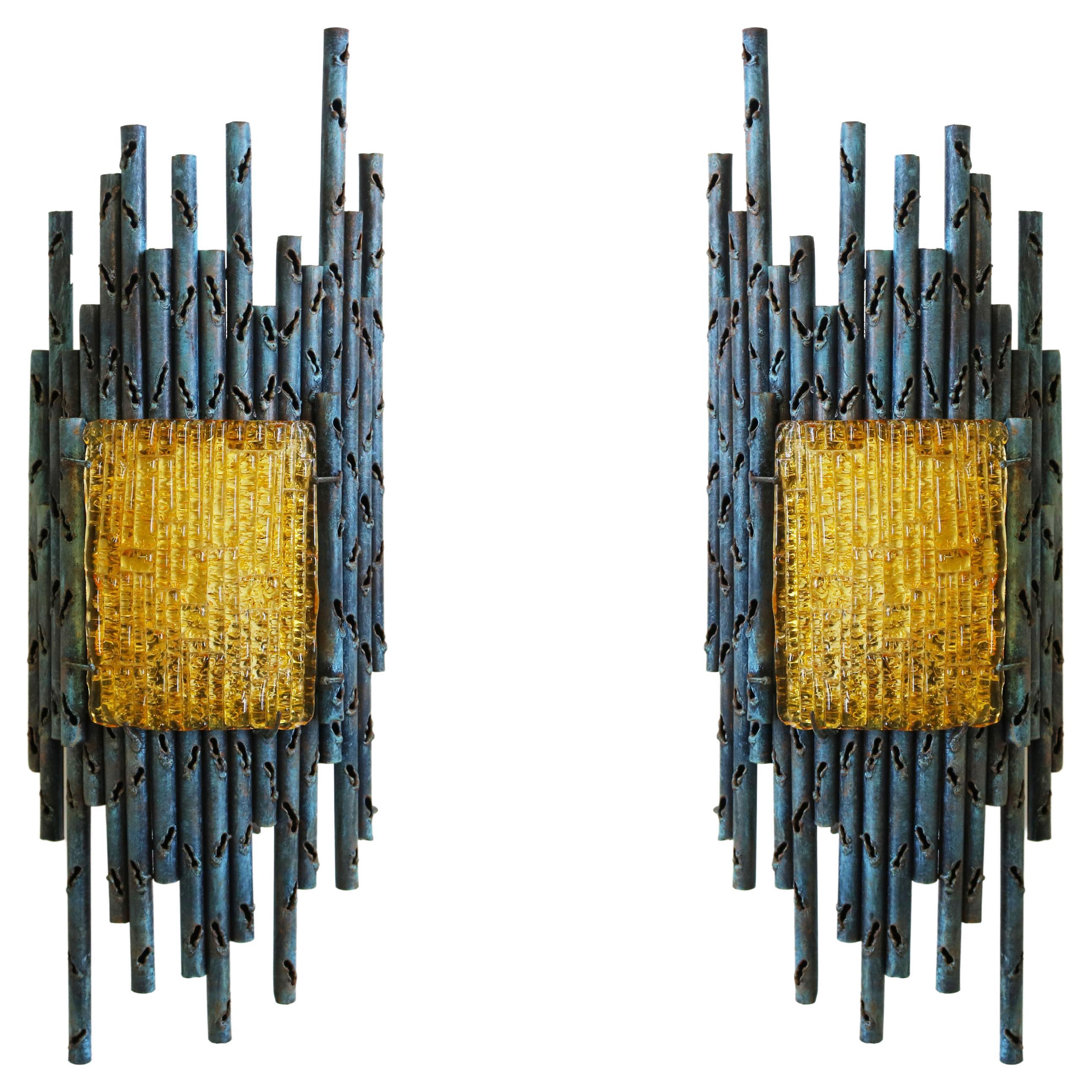 Pair of Brutalist Wall Lights / Sconces by Marcello Fantoni, Italy, 1960, Murano For Sale