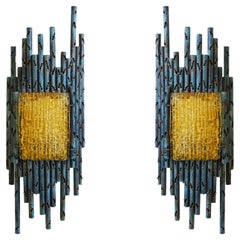 Pair of Brutalist Wall Lights / Sconces by Marcello Fantoni, Italy, 1960, Murano