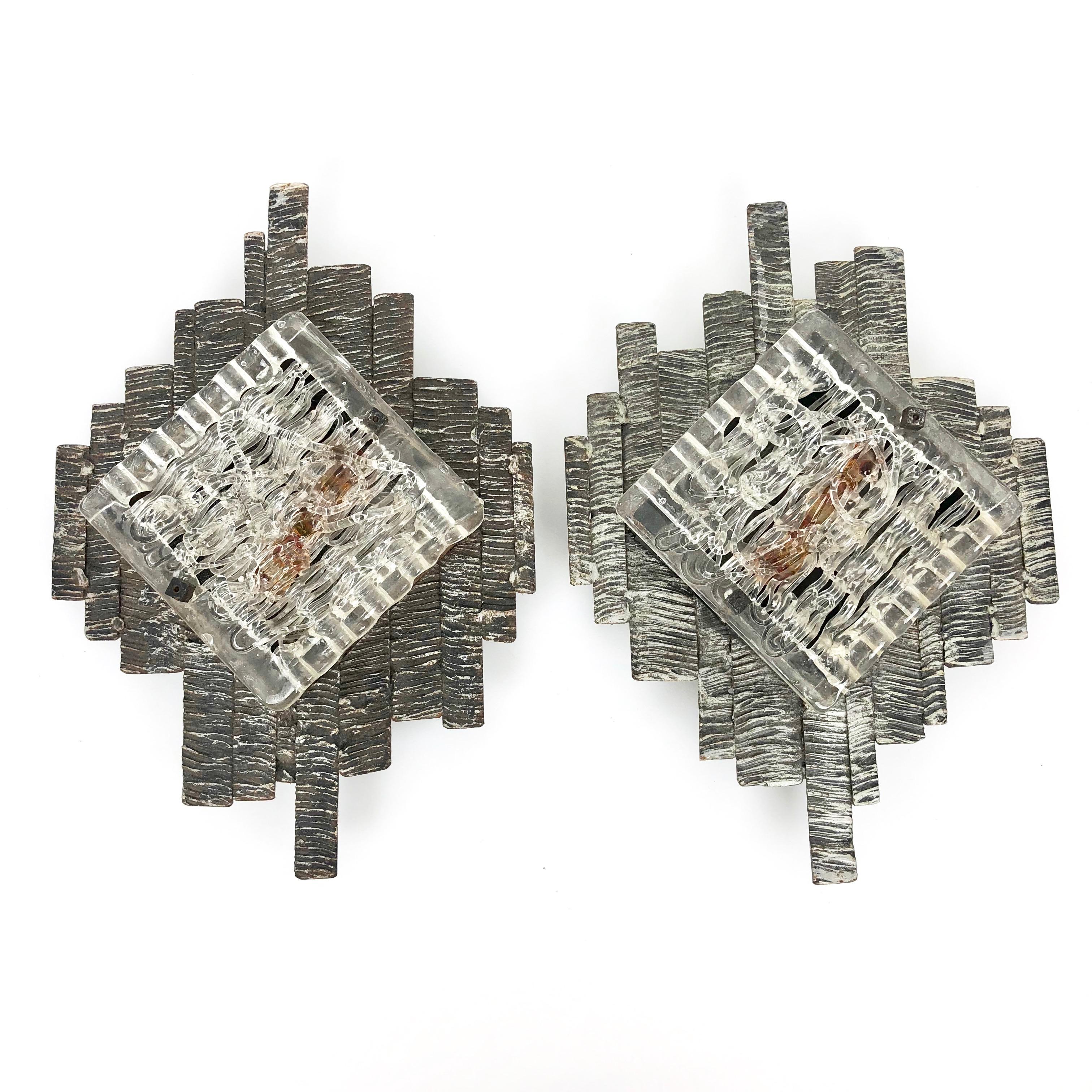 Metal Pair of Brutalist Wall Sconces, in Style of Poliarte, Italy, 1970s Murano Glass For Sale