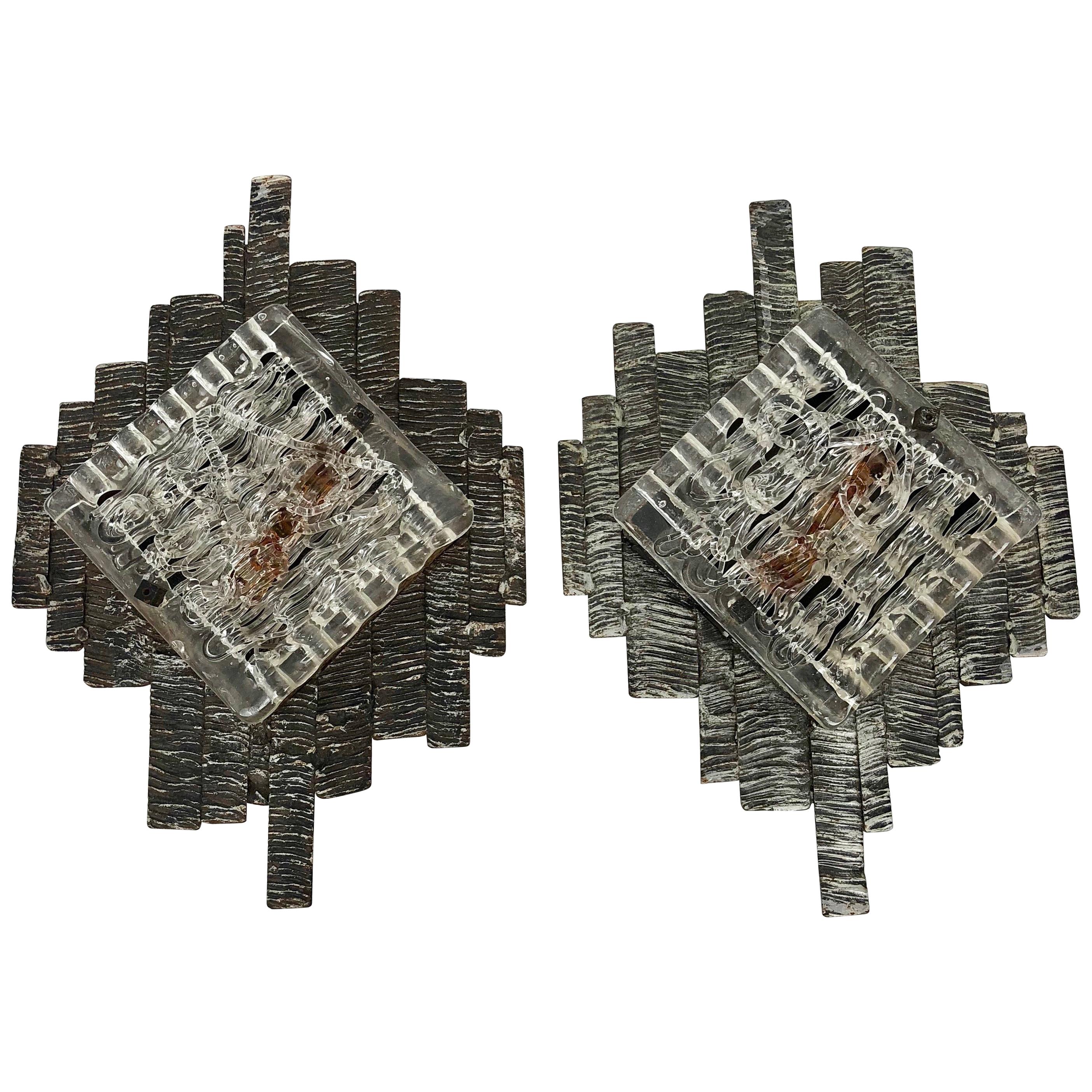 Pair of Brutalist Wall Sconces, in Style of Poliarte, Italy, 1970s Murano Glass For Sale
