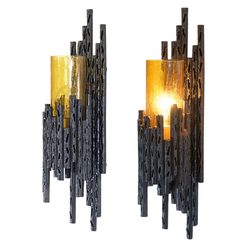 Pair of Brutalist Wall Scones by Marcello Fantoni, 1960s For Sale