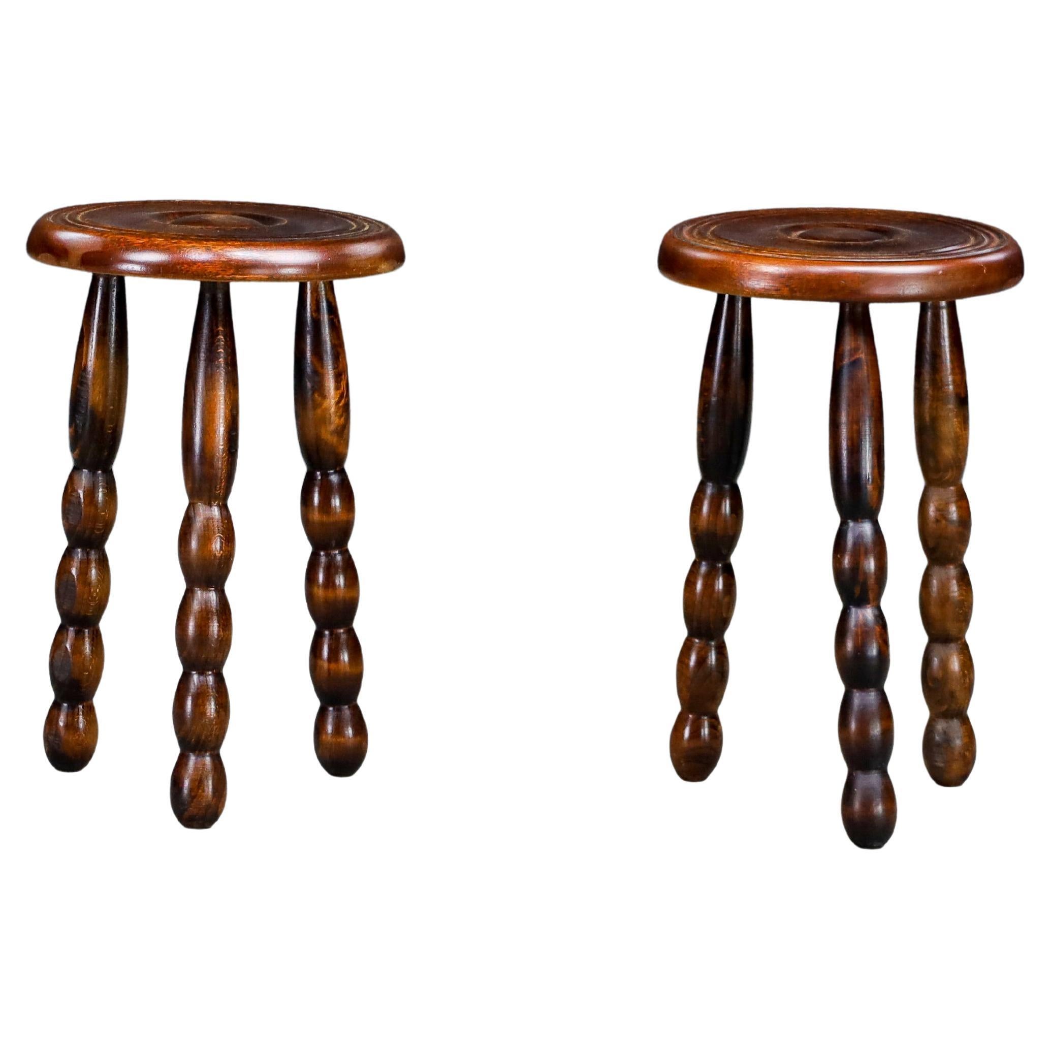 Pair of Brutalist Walnut Stools in the Manner of Charles Dudouyt, France, 1940s