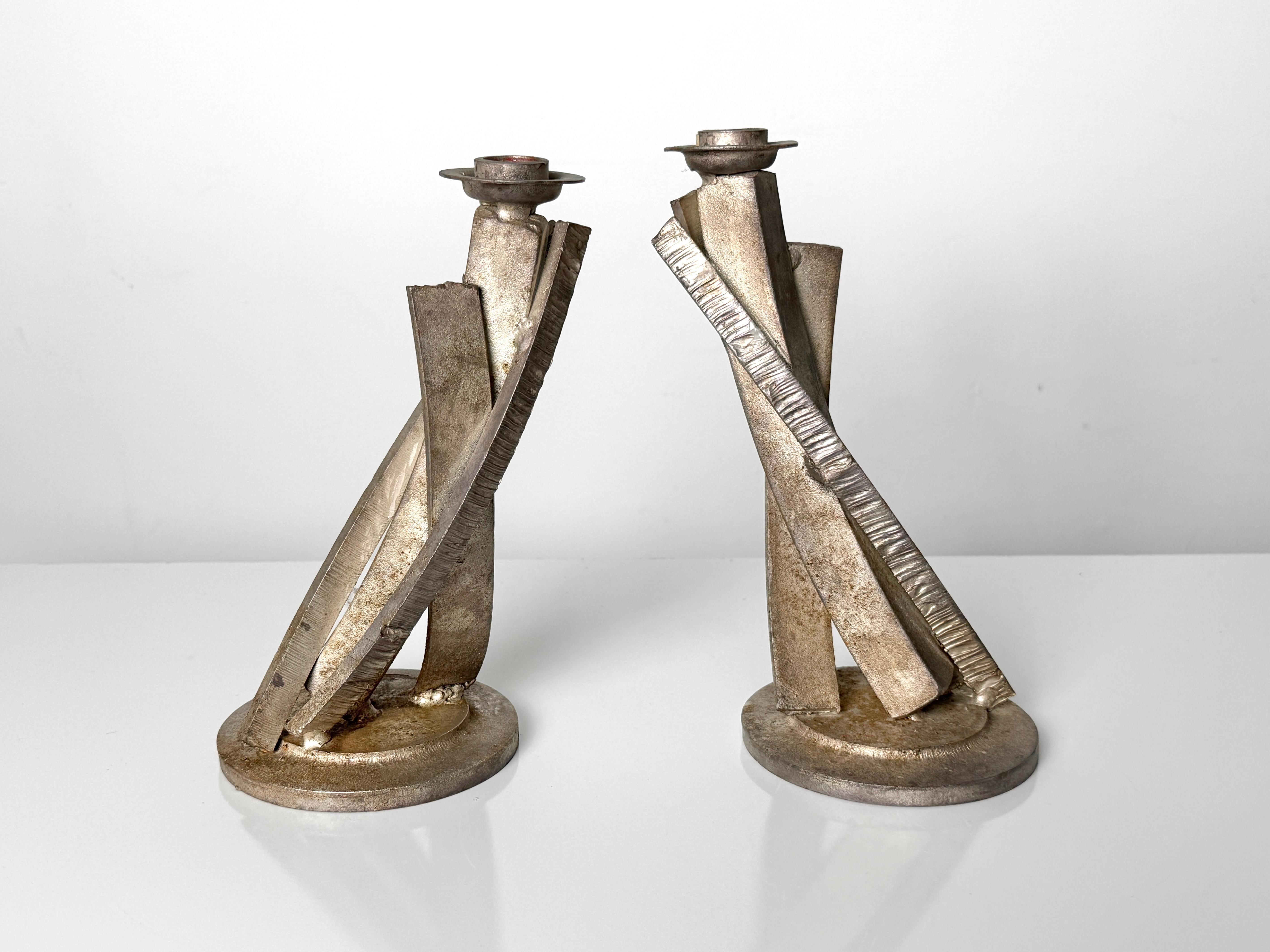 Pair of Brutalist Welded Steel Candlestick Sculptures by Joseph Wesner 1990s For Sale 4