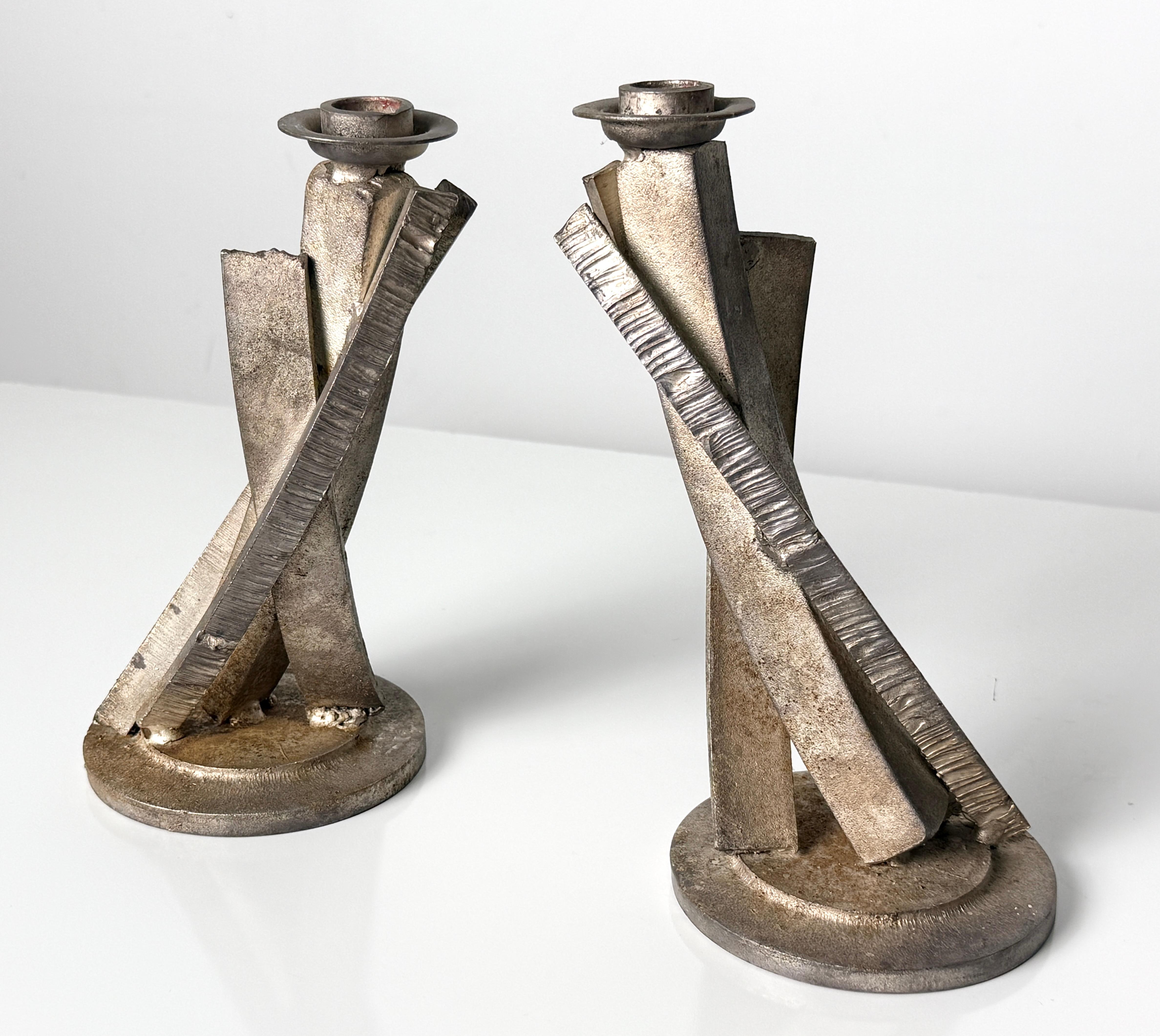 Post-Modern Pair of Brutalist Welded Steel Candlestick Sculptures by Joseph Wesner 1990s For Sale
