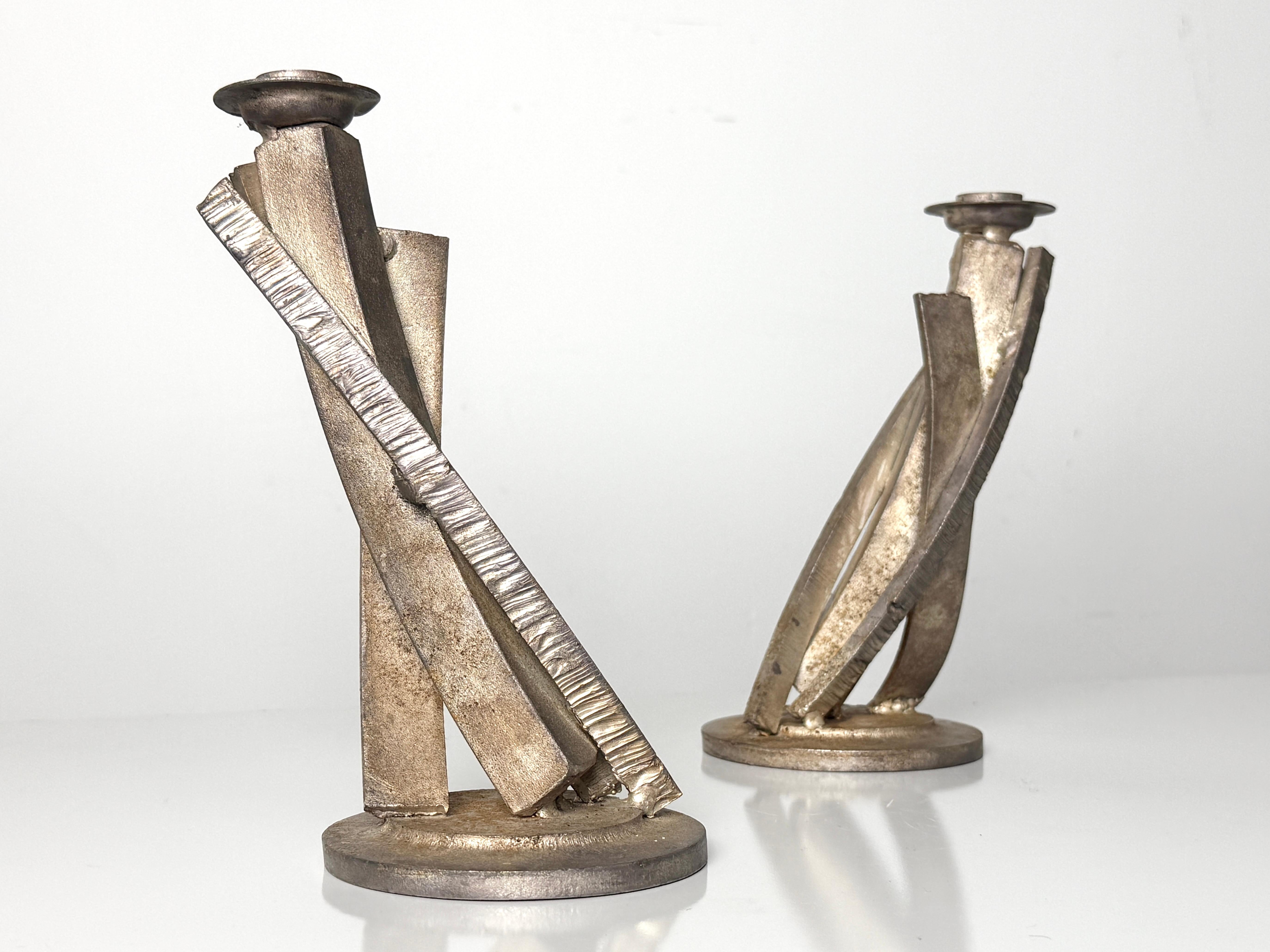 American Pair of Brutalist Welded Steel Candlestick Sculptures by Joseph Wesner 1990s For Sale
