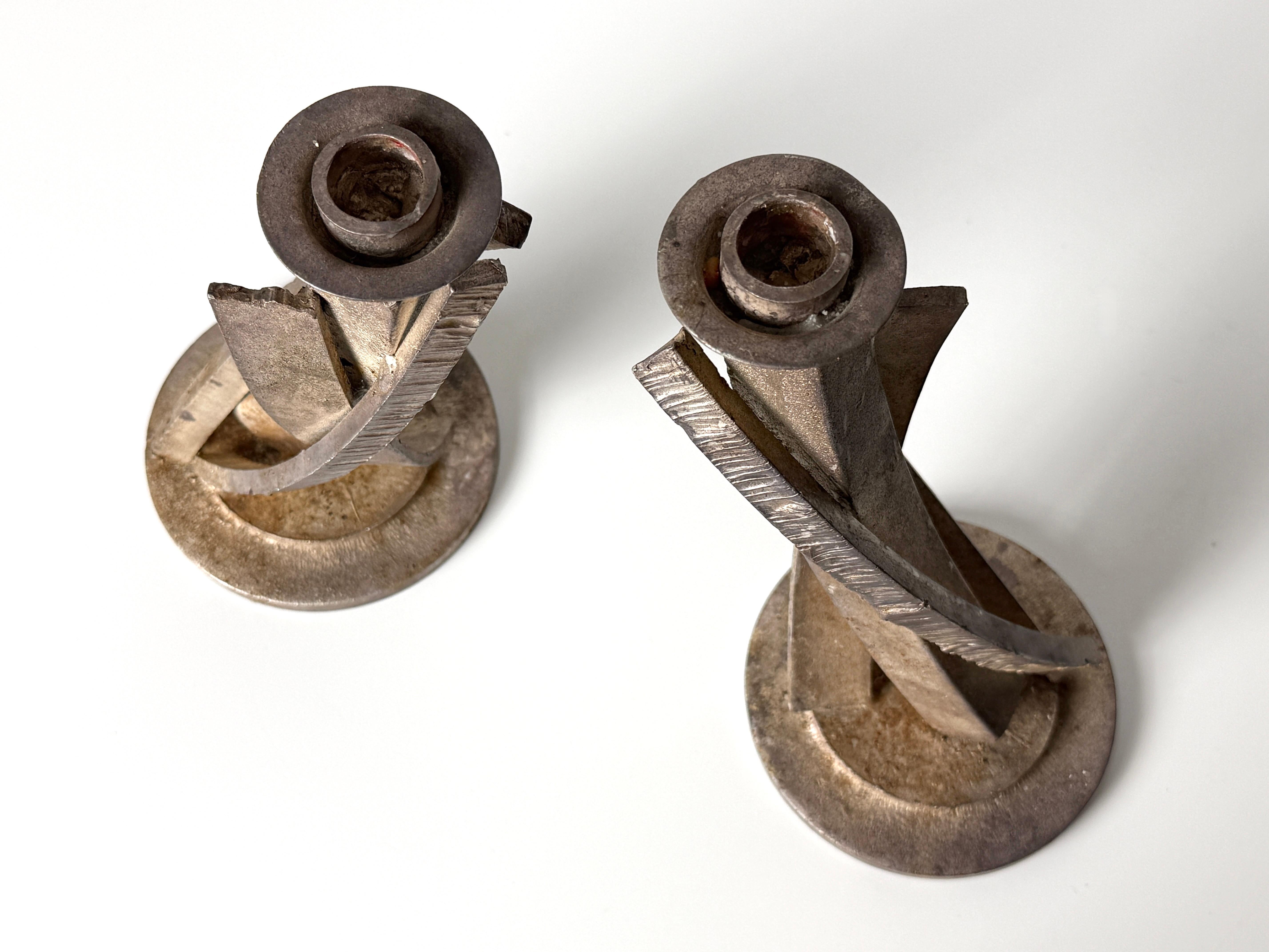 Forged Pair of Brutalist Welded Steel Candlestick Sculptures by Joseph Wesner 1990s For Sale