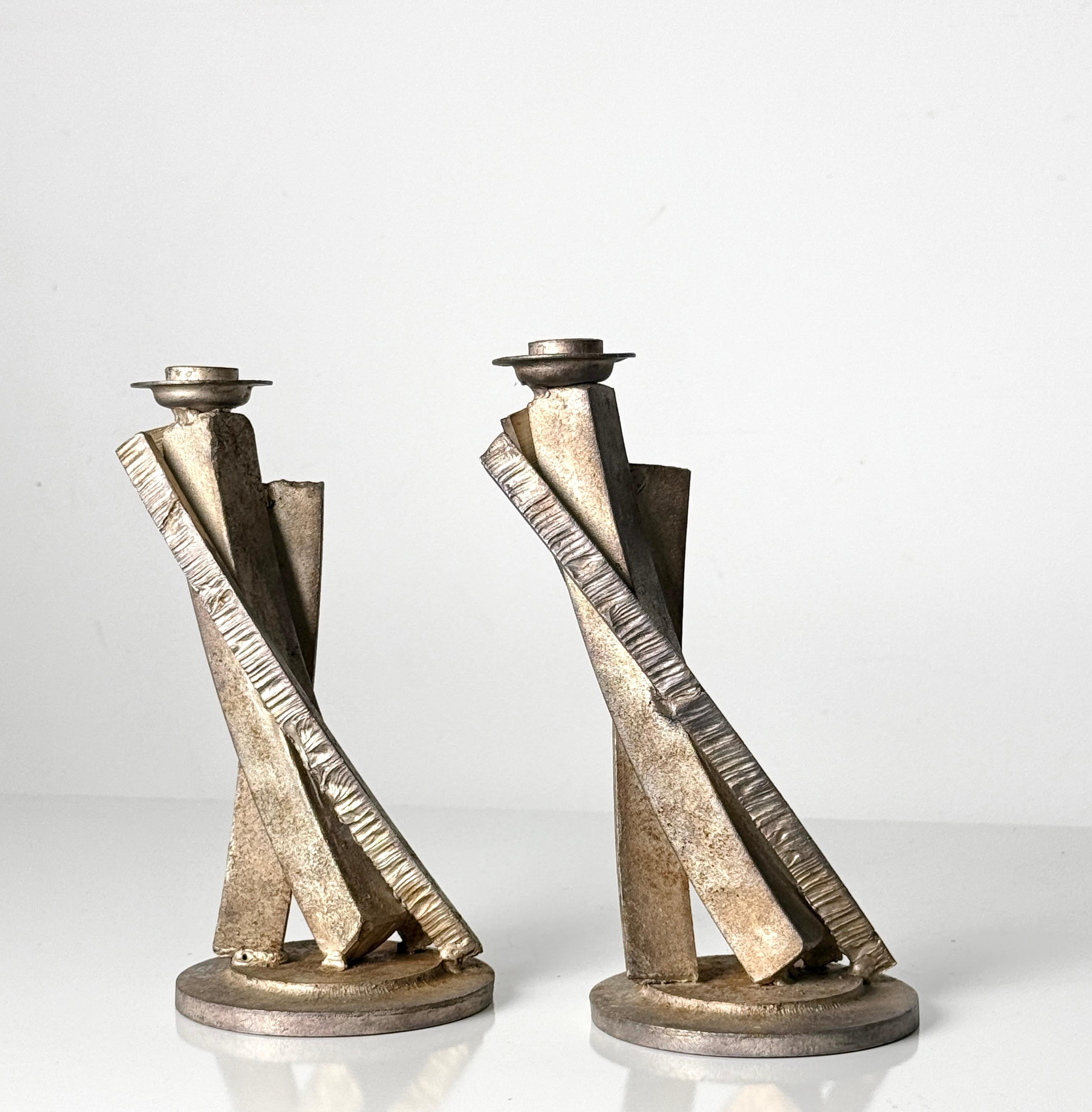 Pair of Brutalist Welded Steel Candlestick Sculptures by Joseph Wesner 1990s In Good Condition For Sale In Troy, MI