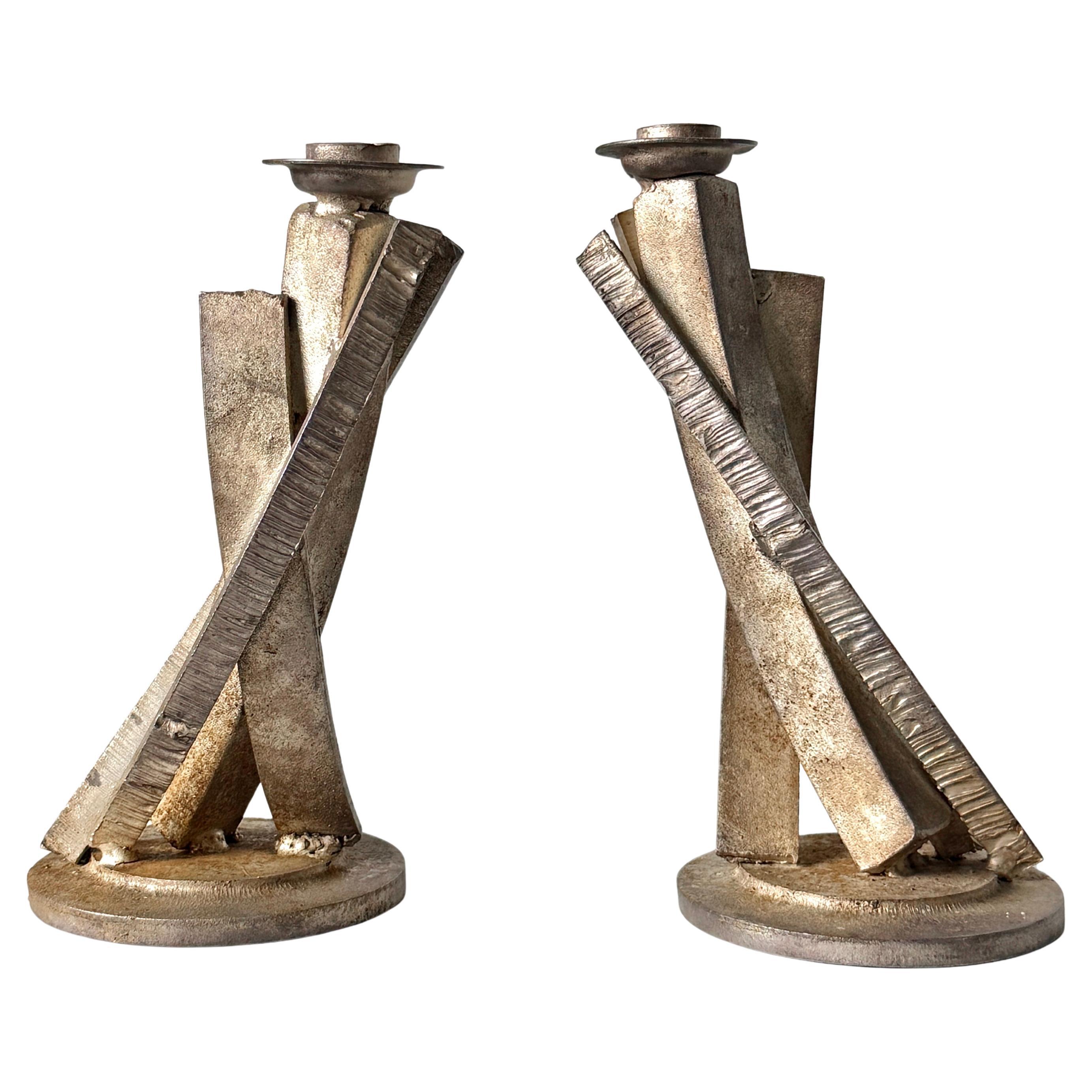 Pair of Brutalist Welded Steel Candlestick Sculptures by Joseph Wesner 1990s
