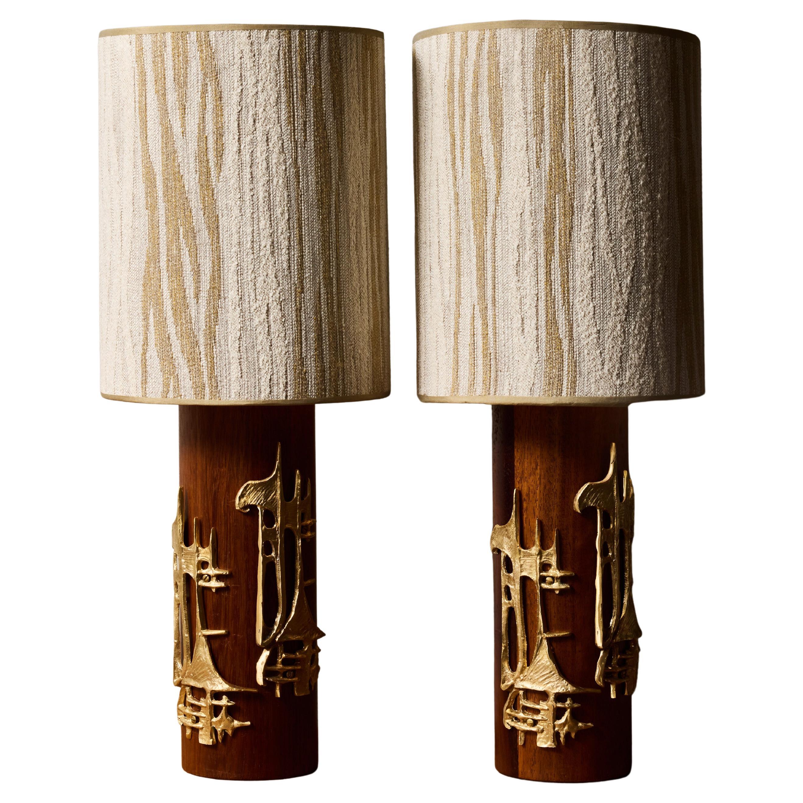 Pair of Brutalist Wood and Brass Table Lamps