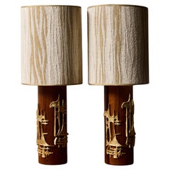 Pair of Brutalist Wood and Brass Table Lamps