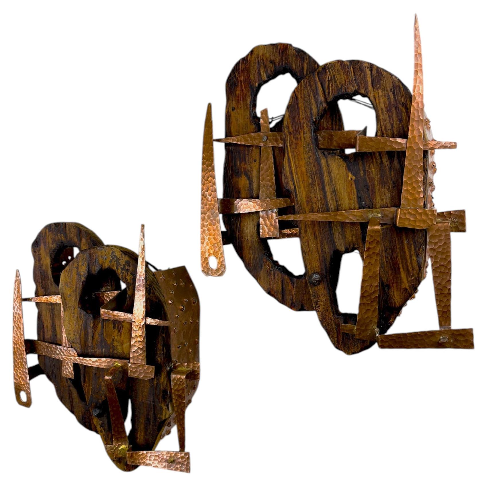 Pair of Brutalist Wood & Copper Wall Sconces, Italy, 1970s For Sale