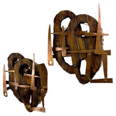 Pair of Brutalist Wood & Copper Wall Sconces, Italy, 1970s