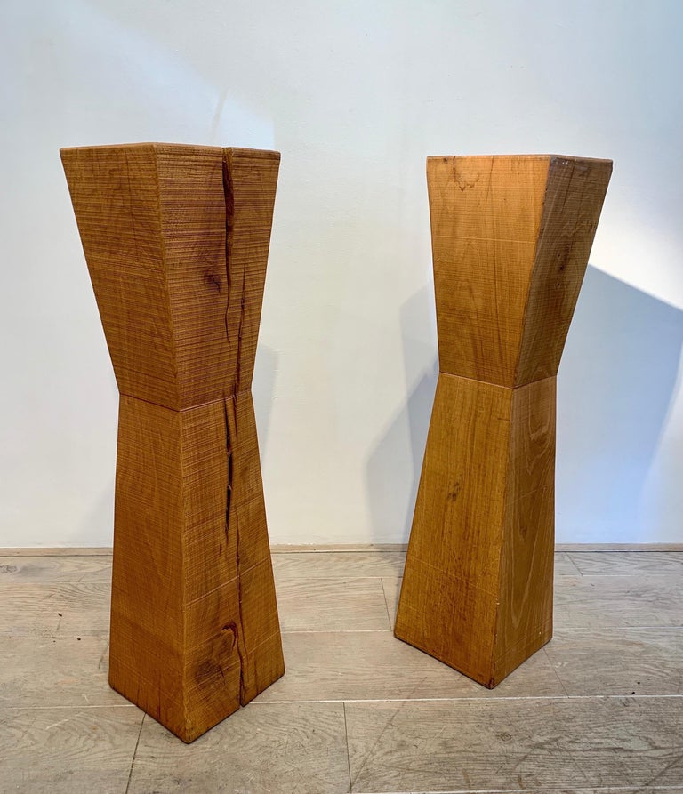 French Pair of Brutalist Wood Pedestals, 1980-90s For Sale