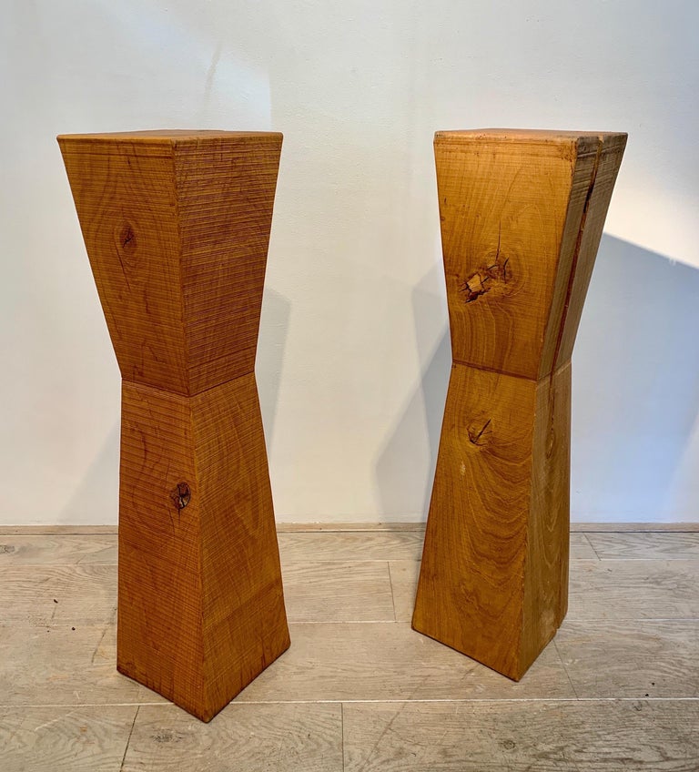 20th Century Pair of Brutalist Wood Pedestals, 1980-90s For Sale