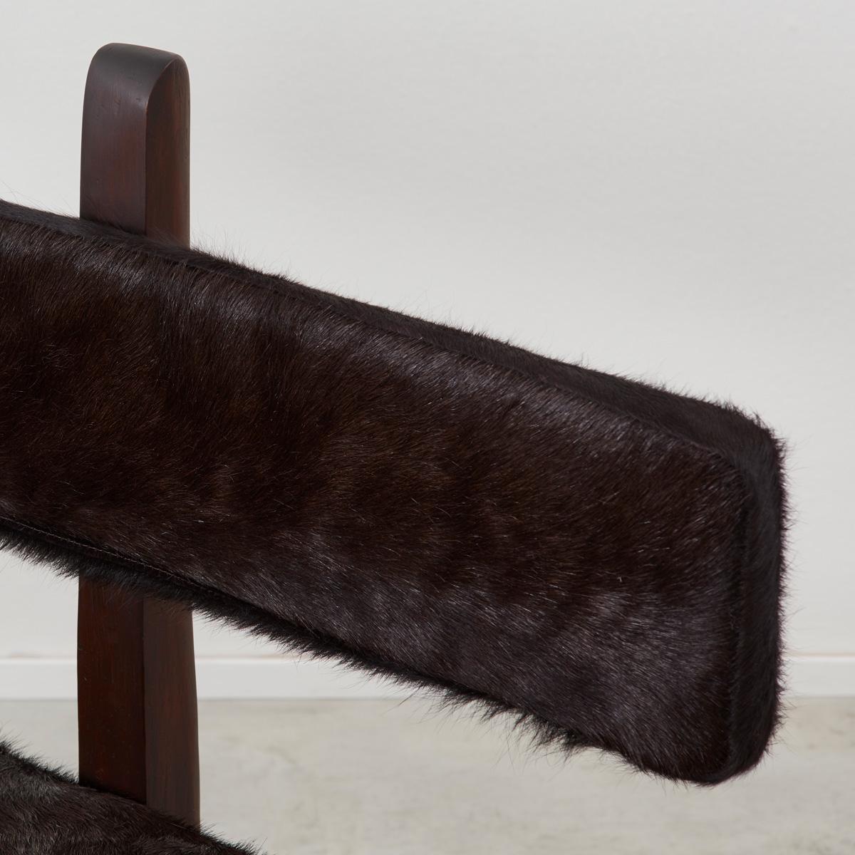 Pair of Brutalist wooden benches reupholstered in ponyhair, France 1970s For Sale 6