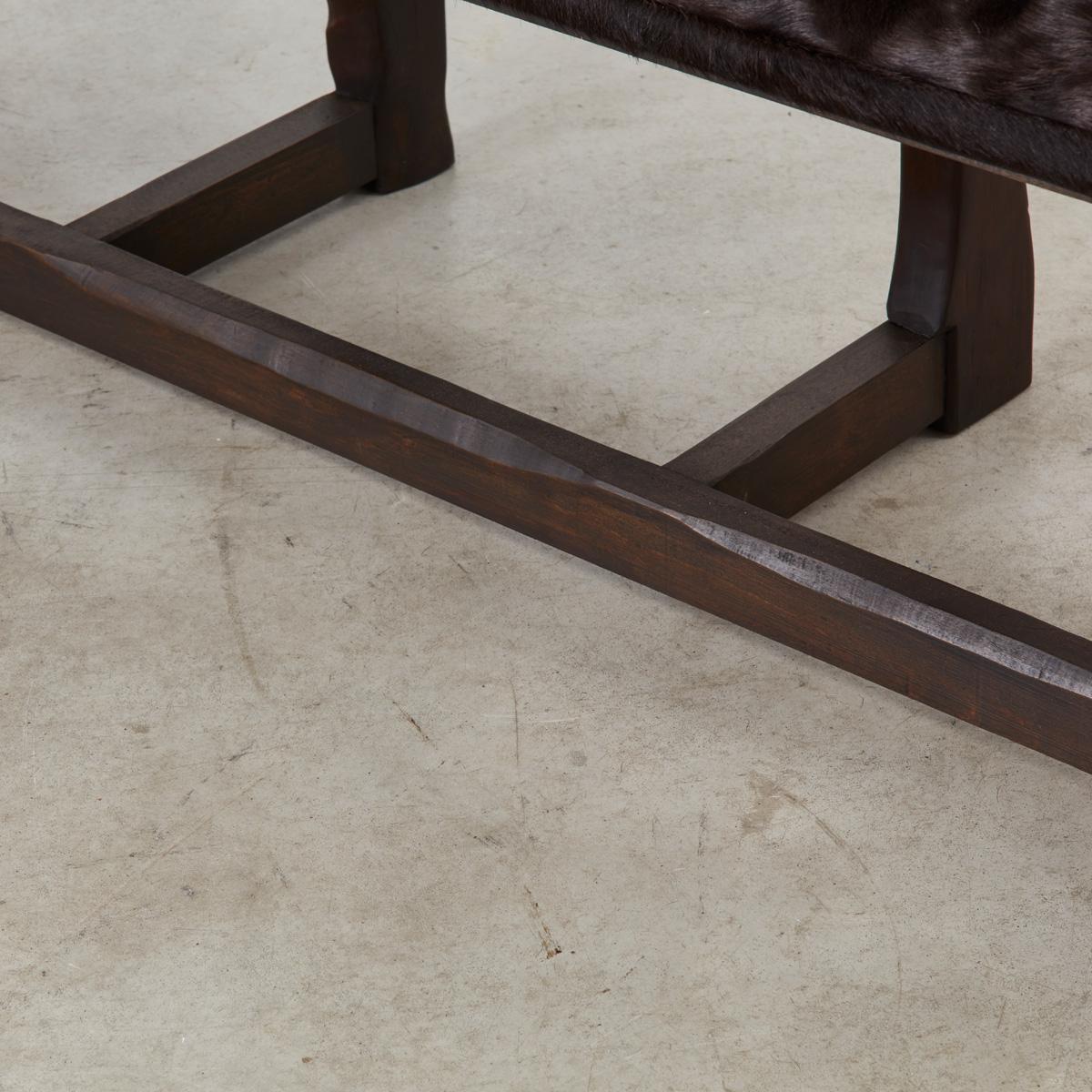 Pair of Brutalist wooden benches reupholstered in ponyhair, France 1970s For Sale 7
