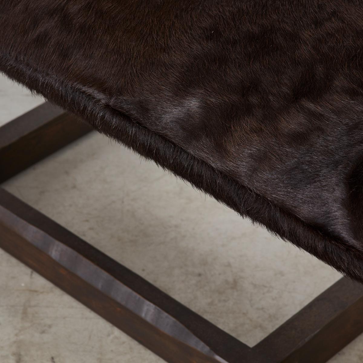 Pair of Brutalist wooden benches reupholstered in ponyhair, France 1970s For Sale 8