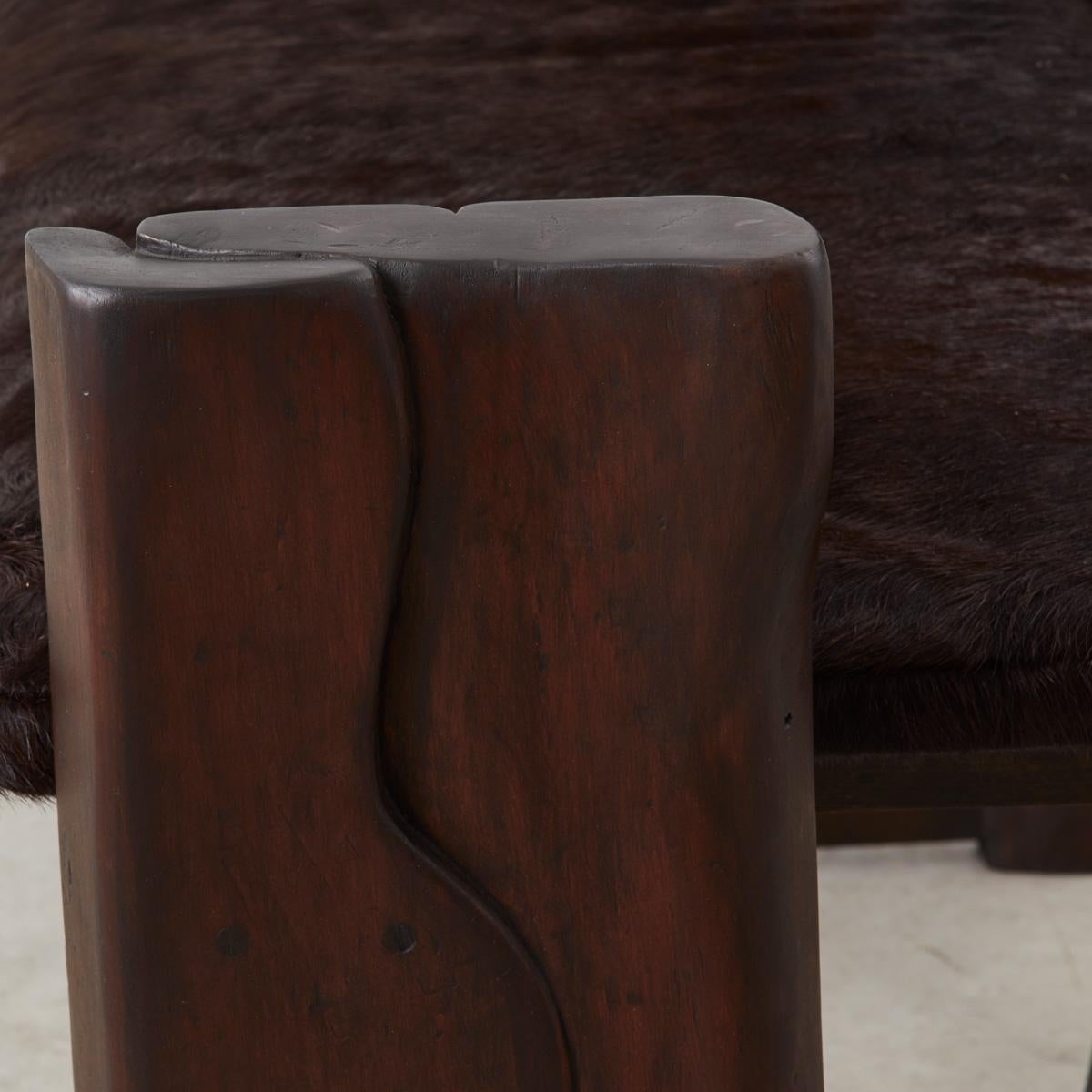 Pair of Brutalist wooden benches reupholstered in ponyhair, France 1970s For Sale 9