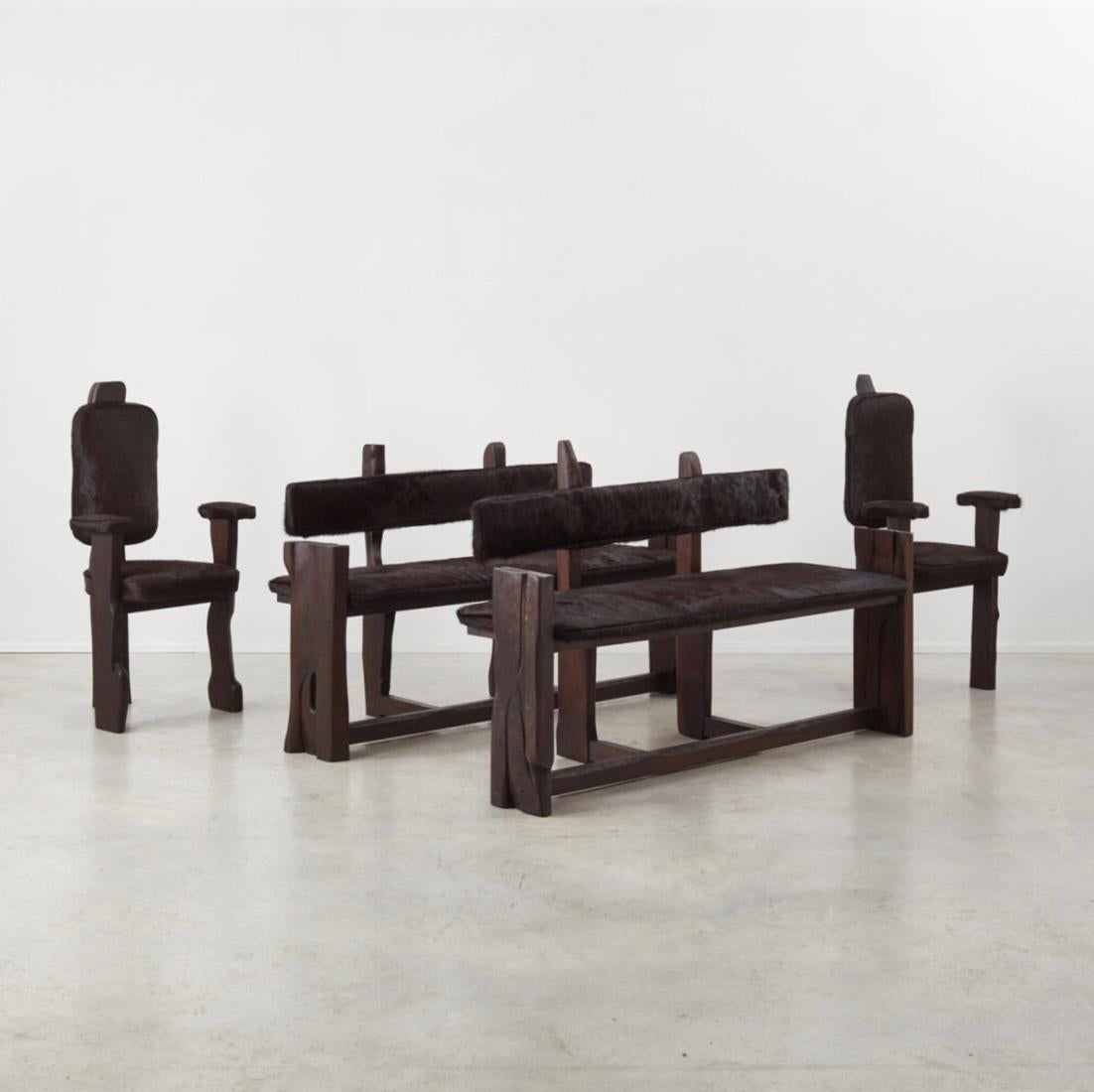 Pair of Brutalist wooden benches reupholstered in ponyhair, France 1970s For Sale 10