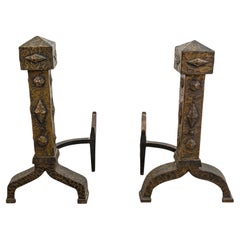Pareja de Andirones de Chimenea Brutalistas de Hierro Forjado Antiguo Estilo Arts and Crafts