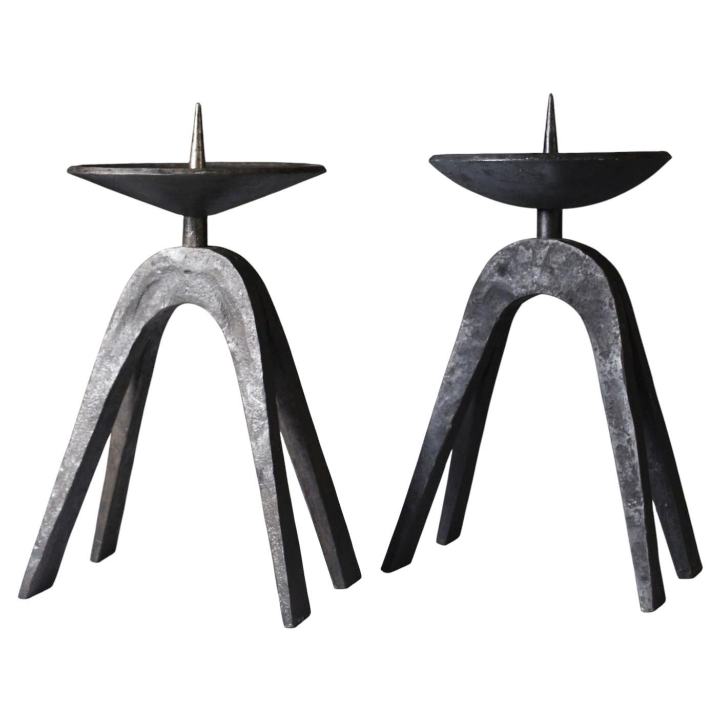Pair of brutalist wrought iron candle holders, France 1950s