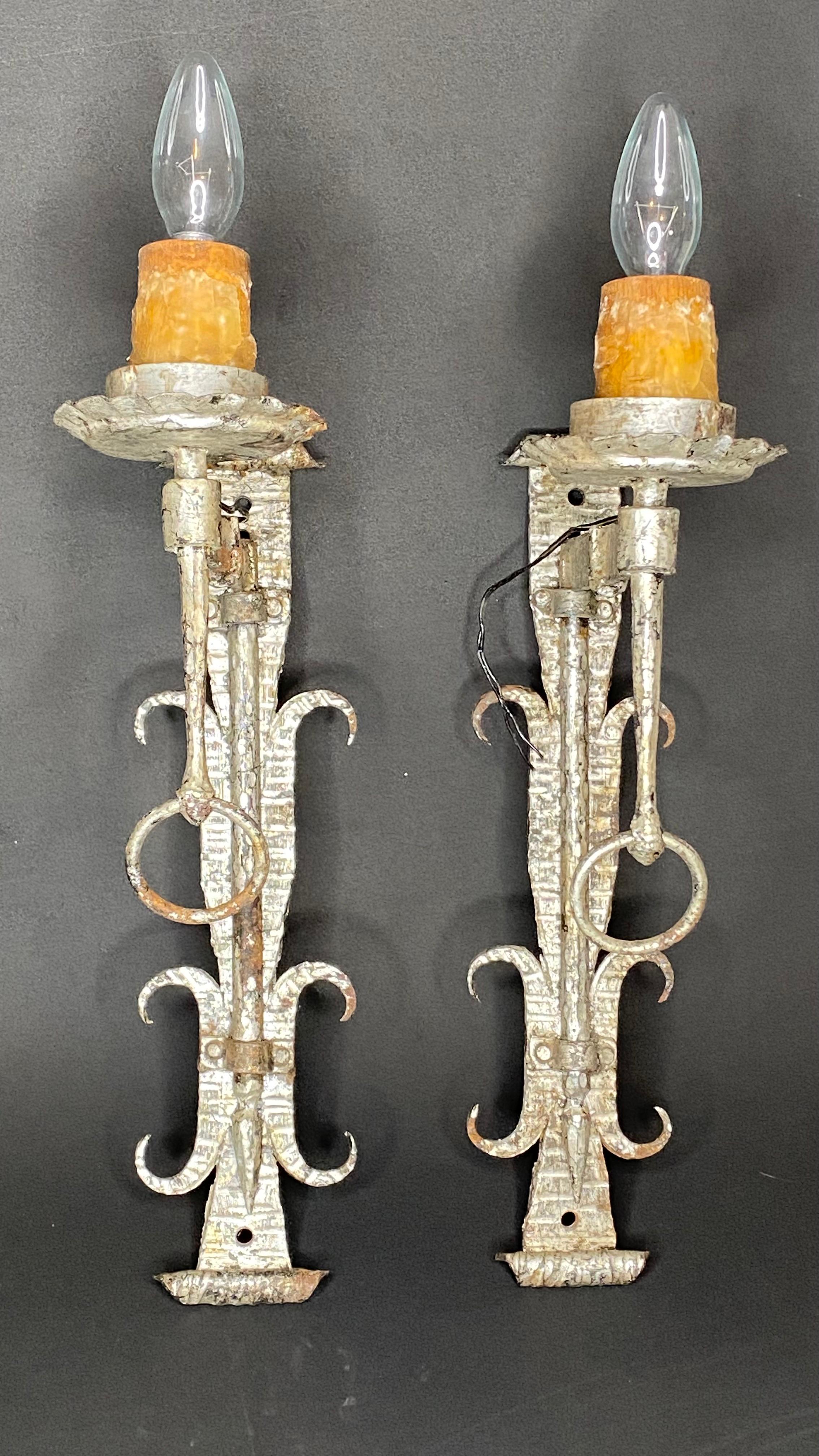 German Pair of Brutalist Wrought Iron Sconces 