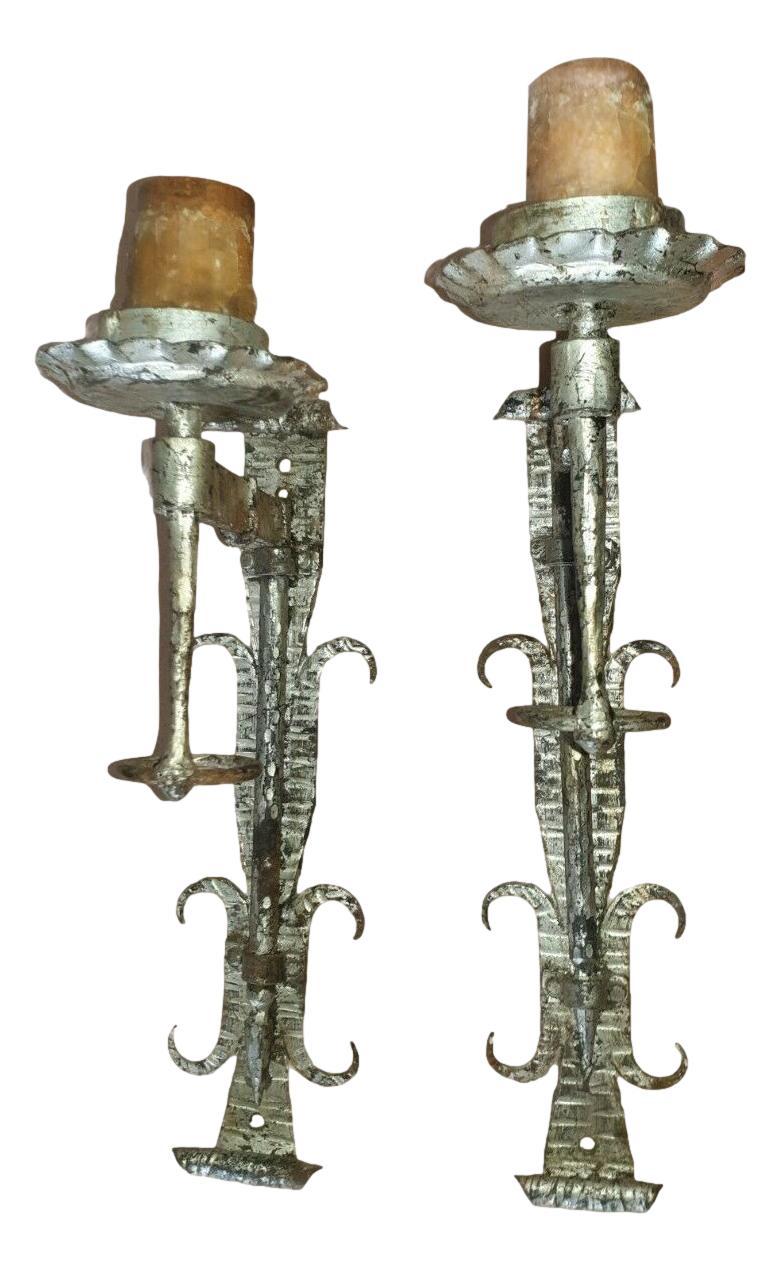 Pair of Brutalist Wrought Iron Sconces 